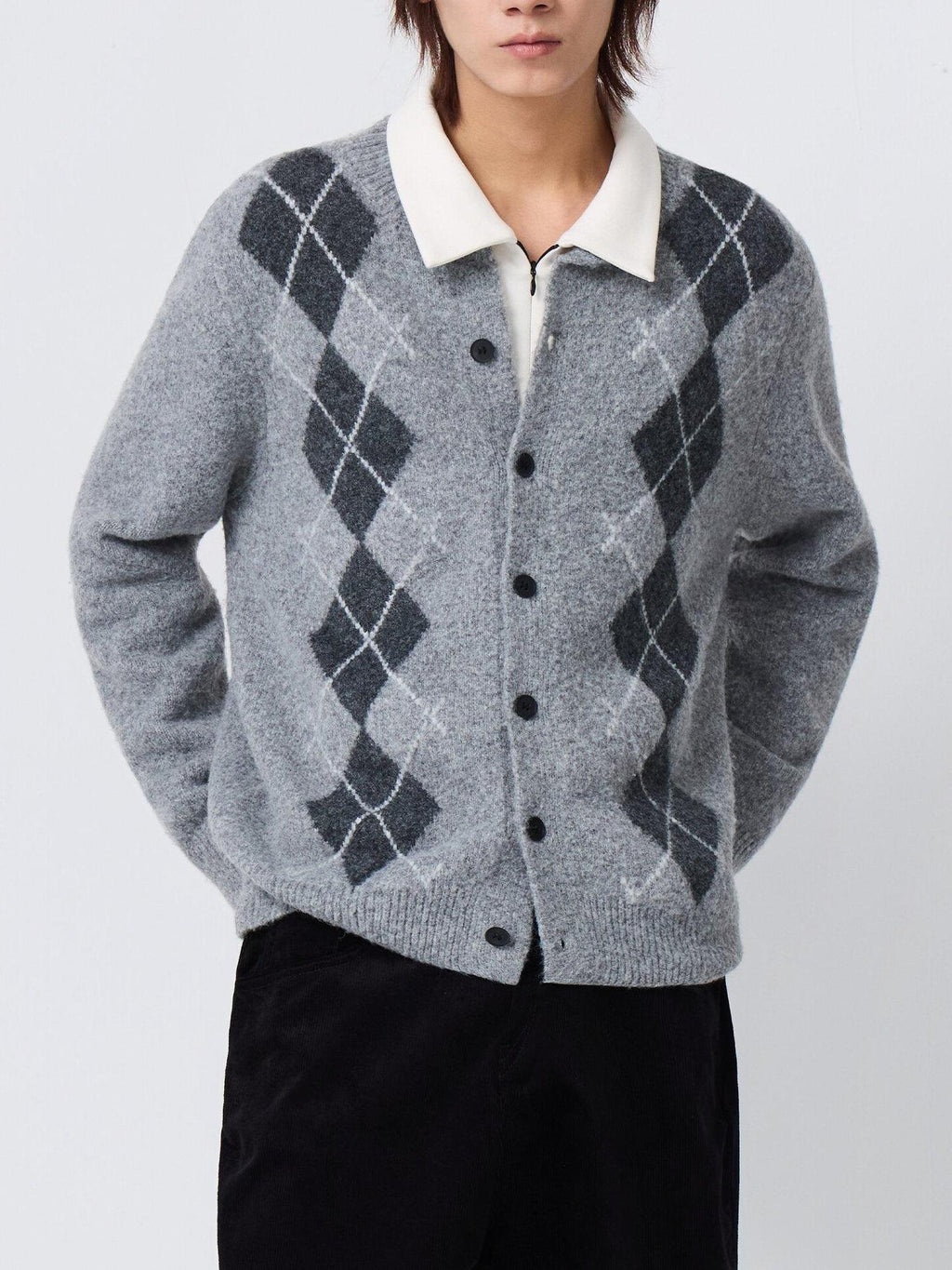 Warm Knit Diamond Crew Neck Long Sleeve Men Citywalk Wool Blend Cardigans