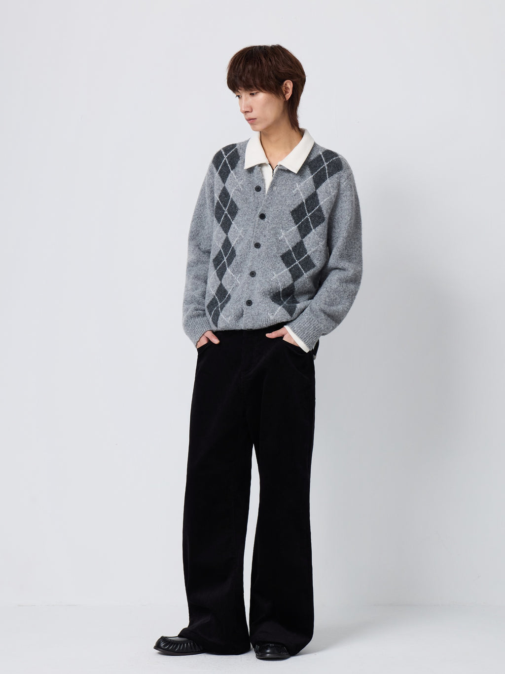 Warm Knit Diamond Crew Neck Long Sleeve Men Citywalk Wool Blend Cardigans