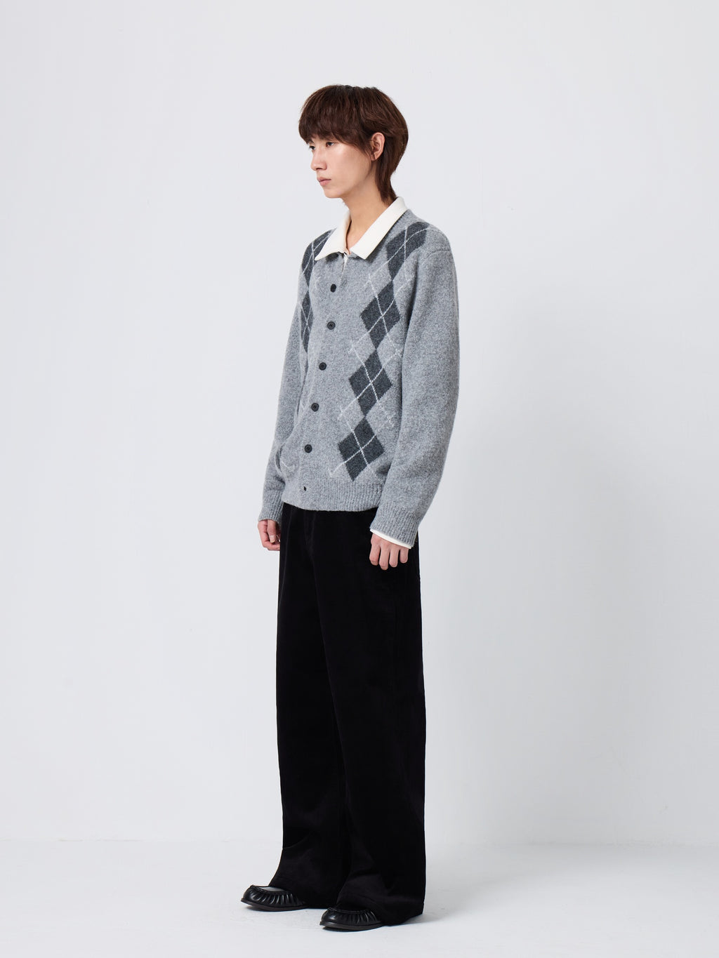Warm Knit Diamond Crew Neck Long Sleeve Men Citywalk Wool Blend Cardigans