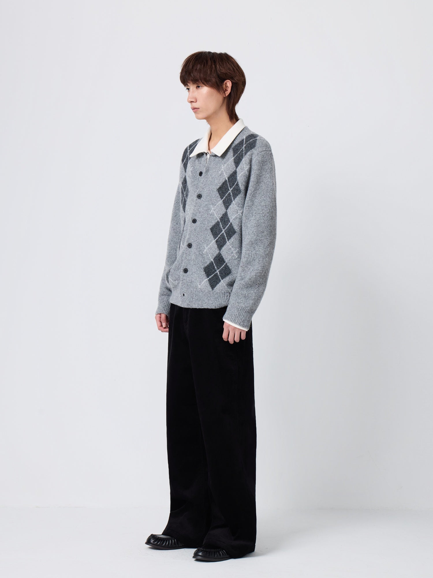 Warm Knit Diamond Crew Neck Long Sleeve Men Citywalk Wool Blend Cardigans