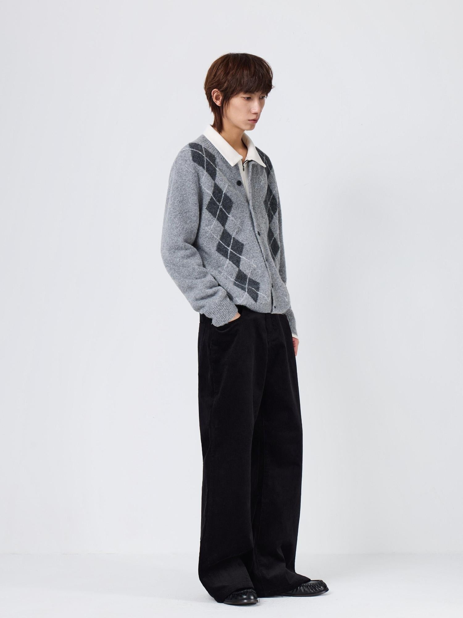 Warm Knit Diamond Crew Neck Long Sleeve Men Citywalk Wool Blend Cardigans