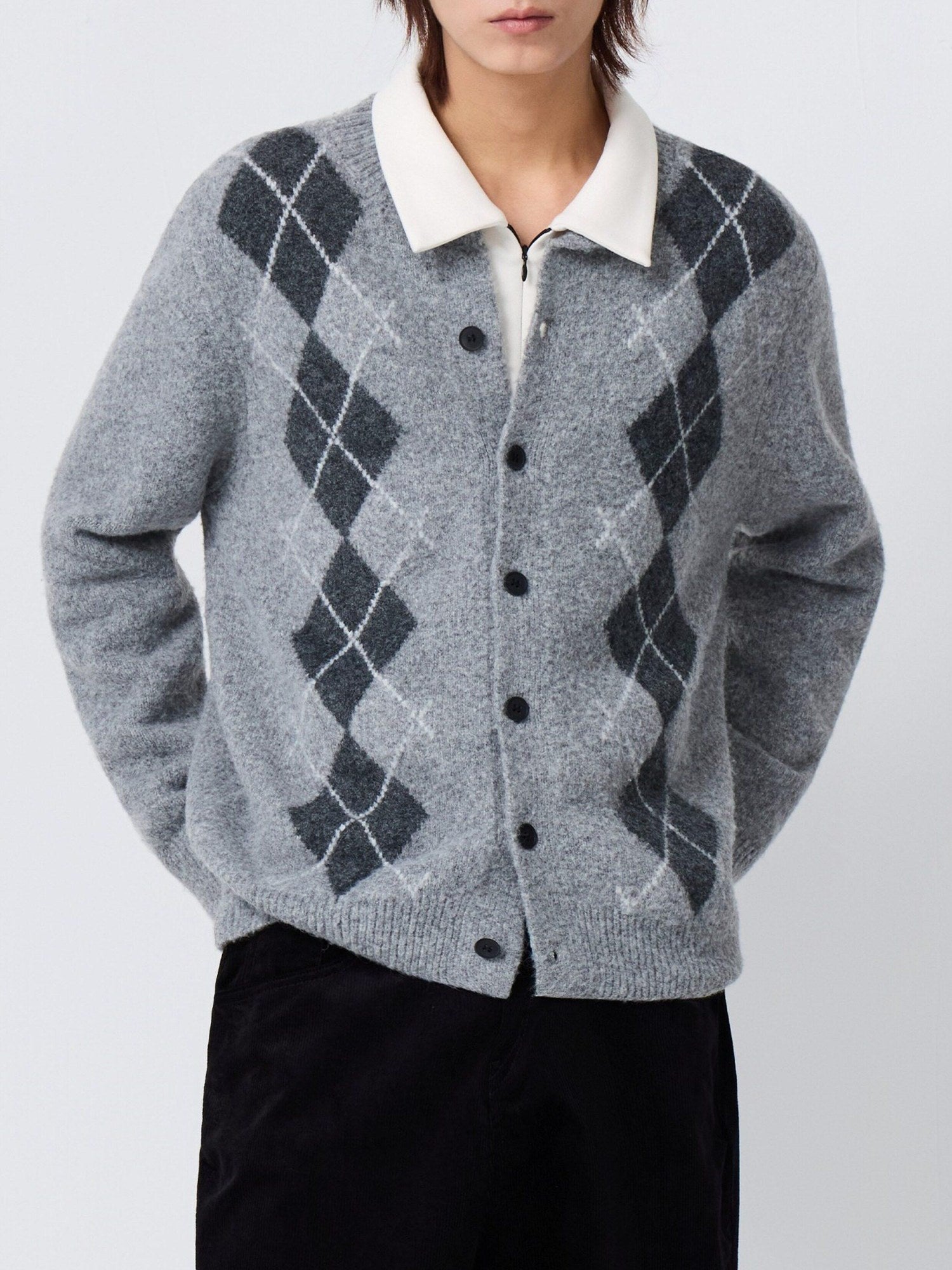 Warm Knit Diamond Crew Neck Long Sleeve Men Citywalk Wool Blend Cardigans