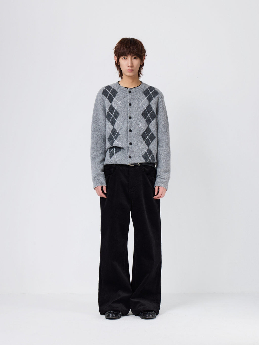 Warm Knit Diamond Crew Neck Long Sleeve Men Citywalk Wool Blend Cardigans