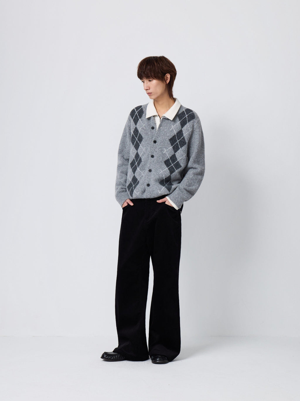 Warm Knit Diamond Crew Neck Long Sleeve Men Citywalk Wool Blend Cardigans