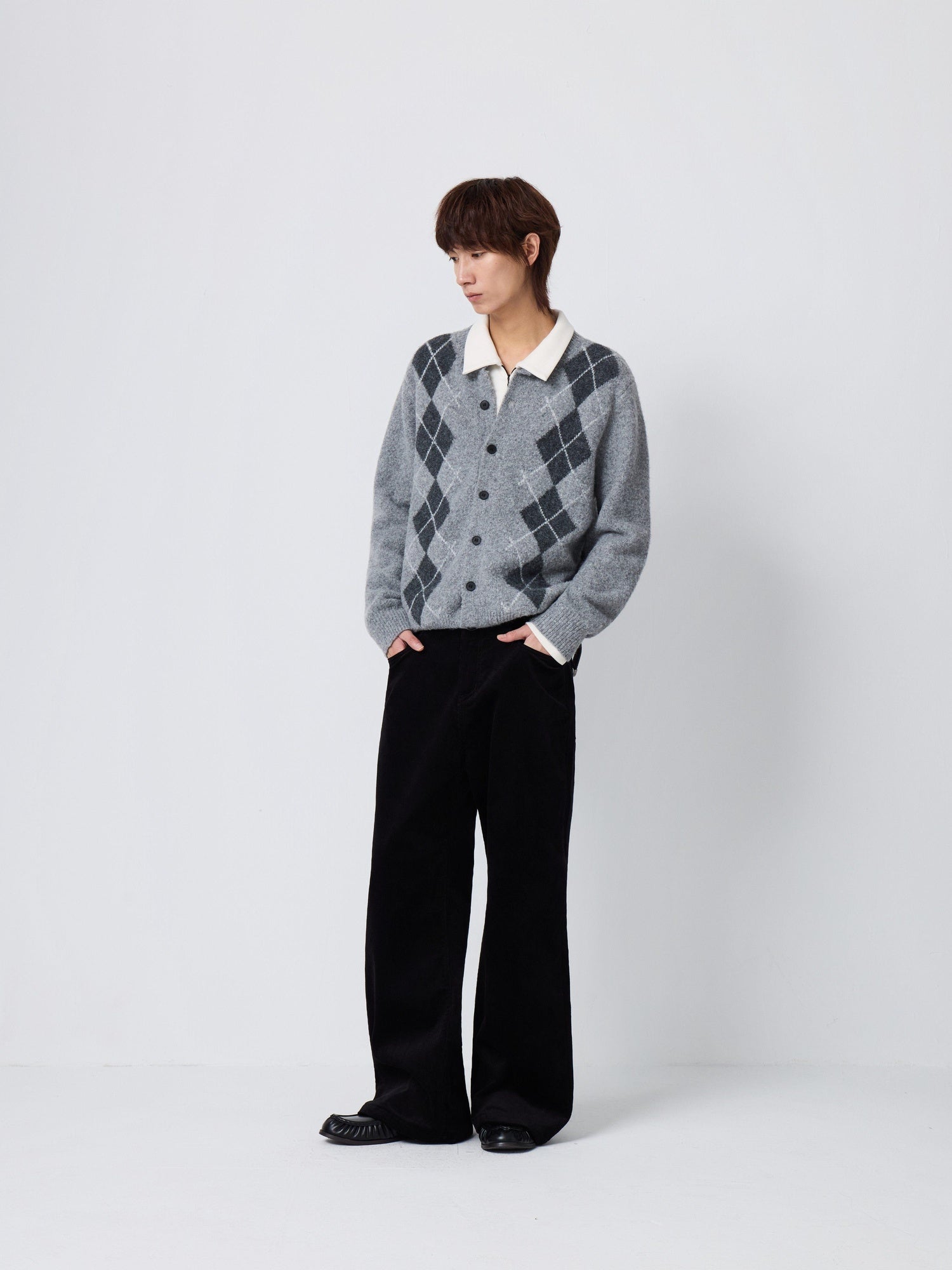 Warm Knit Diamond Crew Neck Long Sleeve Men Citywalk Wool Blend Cardigans
