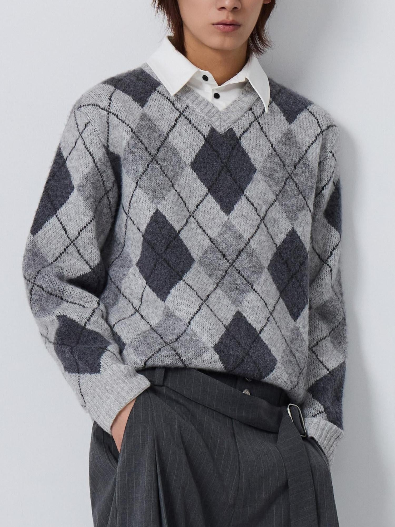 4JUNKS Warm Wool Blend Faux Layered Relaxed Fit Polo Collar Men Argyle Chunky Sweaters
