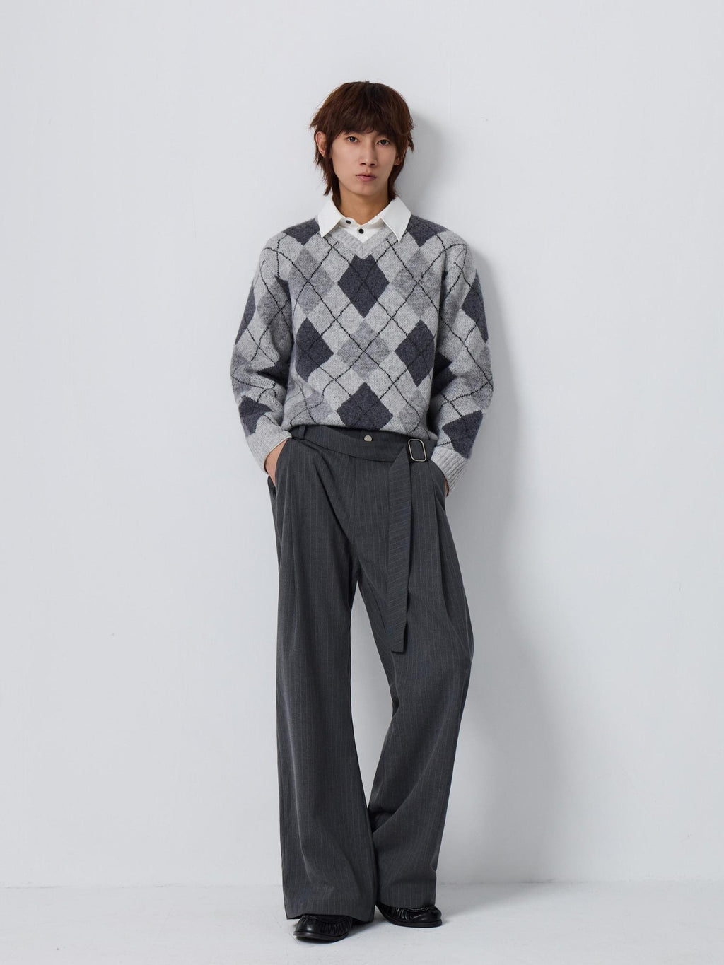 4JUNKS Warm Wool Blend Faux Layered Relaxed Fit Polo Collar Men Argyle Chunky Sweaters
