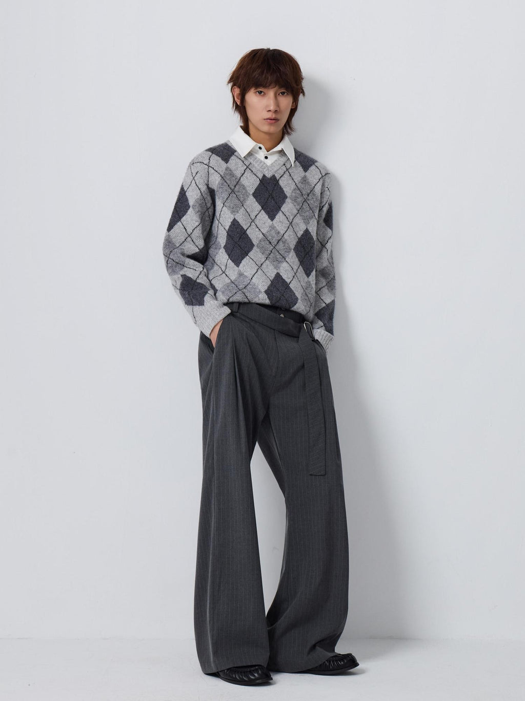 4JUNKS Warm Wool Blend Faux Layered Relaxed Fit Polo Collar Men Argyle Chunky Sweaters