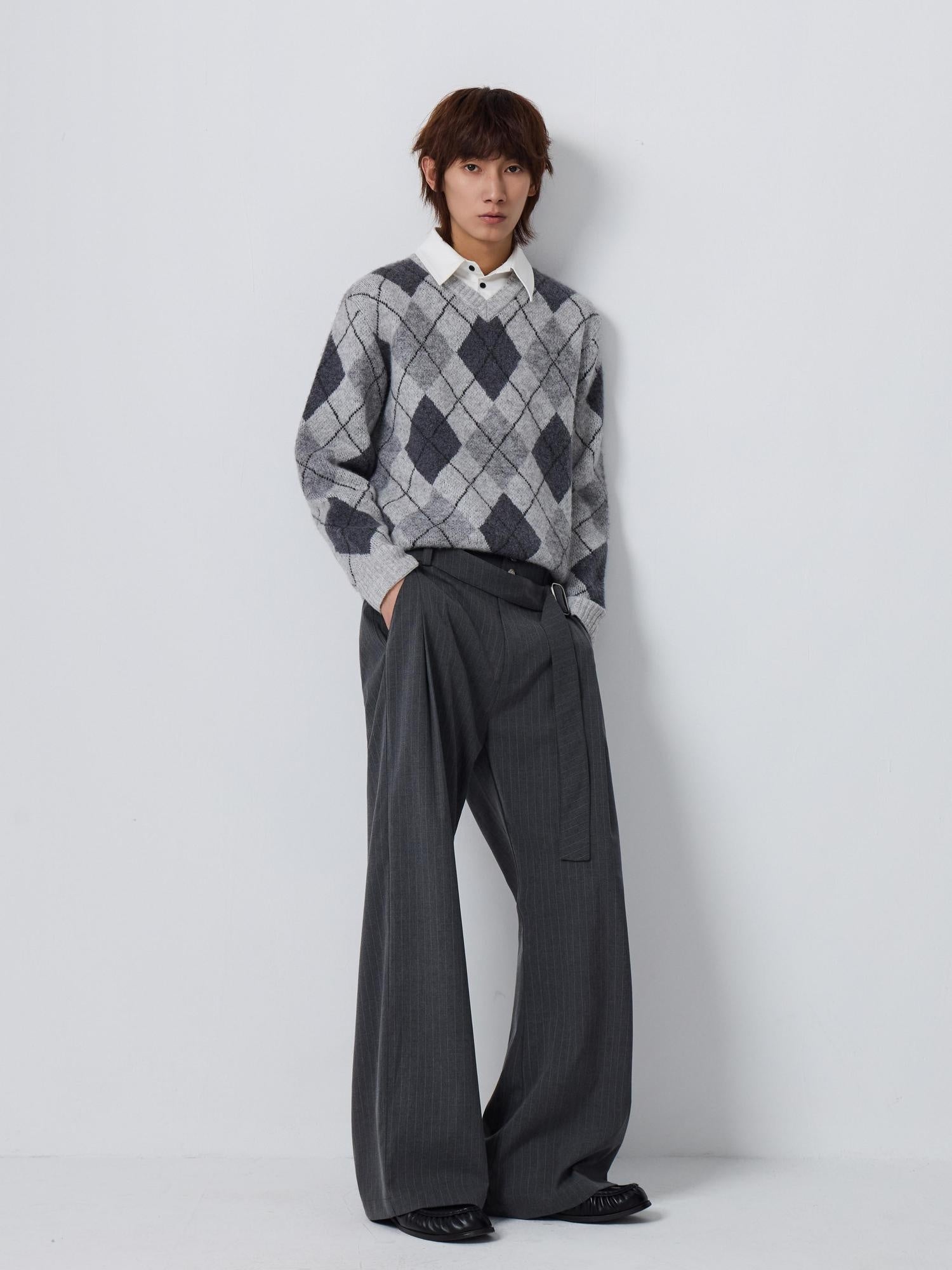 4JUNKS Warm Wool Blend Faux Layered Relaxed Fit Polo Collar Men Argyle Chunky Sweaters