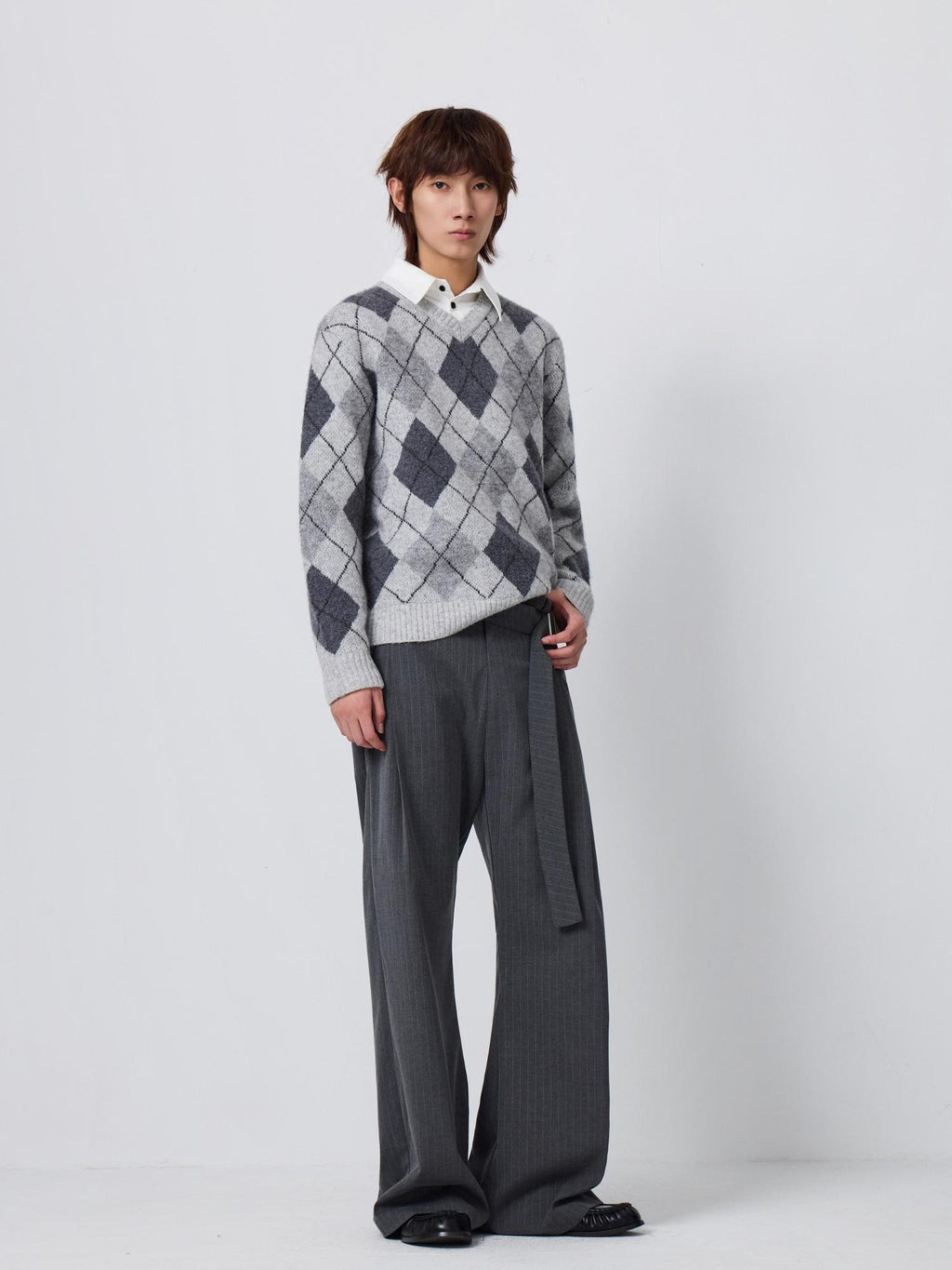 4JUNKS Warm Wool Blend Faux Layered Relaxed Fit Polo Collar Men Argyle Chunky Sweaters