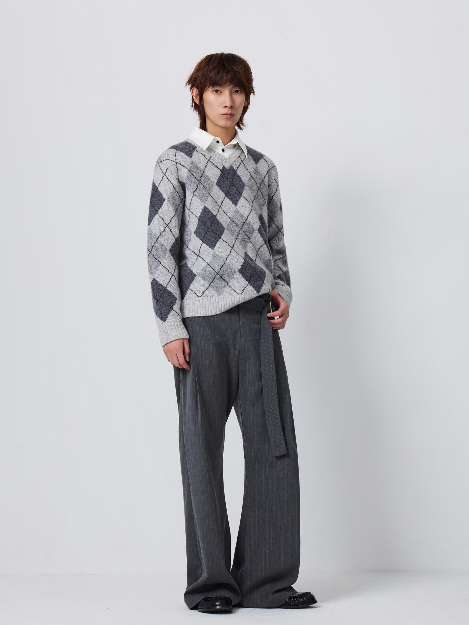 4JUNKS Warm Wool Blend Faux Layered Relaxed Fit Polo Collar Men Argyle Chunky Sweaters
