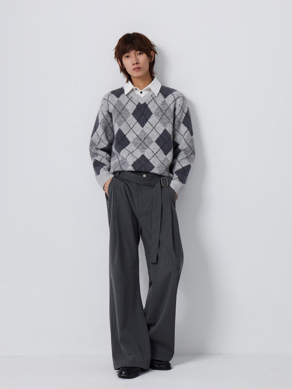 4JUNKS Warm Wool Blend Oversized Layered Polo Collar Men Citywalk Diamond Knit Sweaters