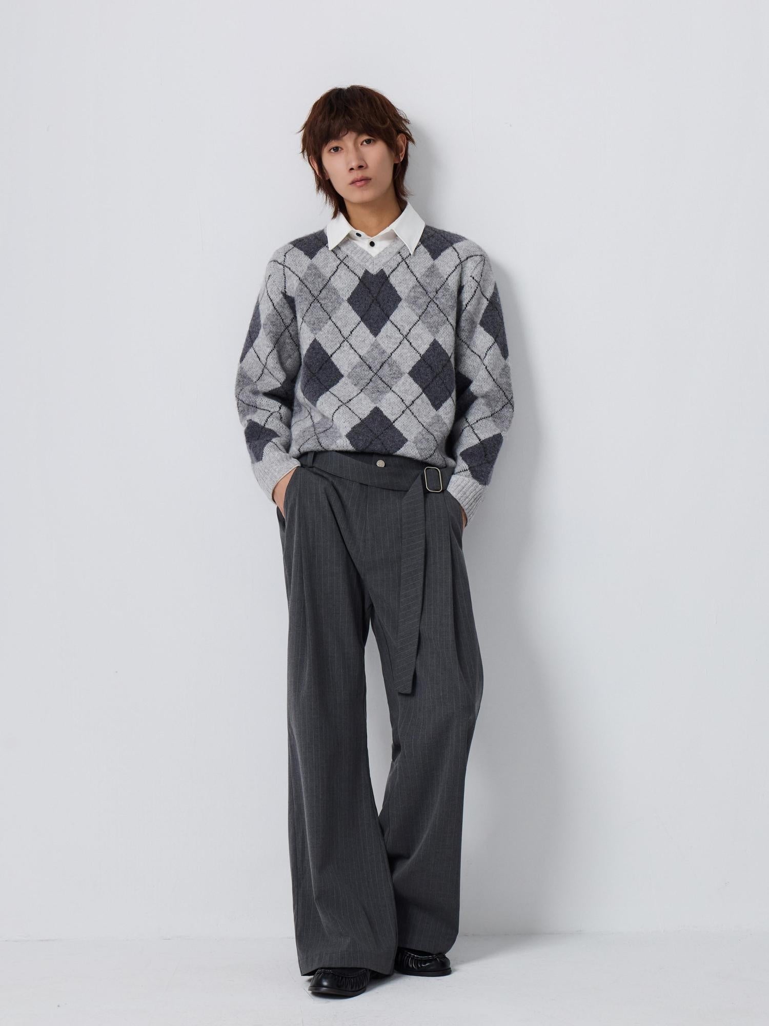 4JUNKS Warm Wool Blend Oversized Layered Polo Collar Men Citywalk Diamond Knit Sweaters