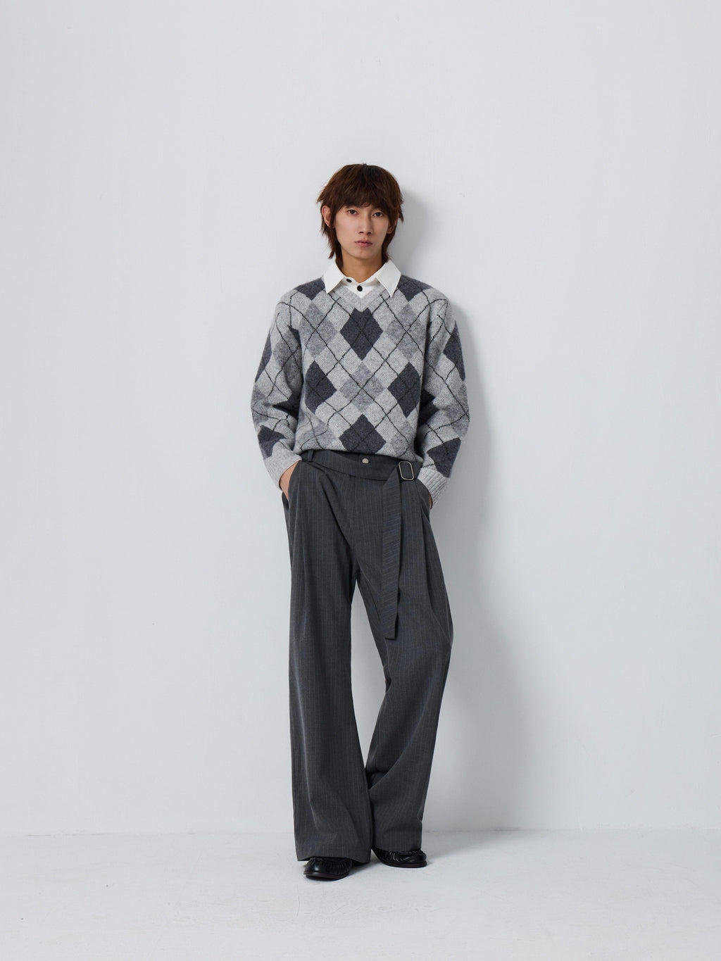 4JUNKS Warm Wool Blend Oversized Layered Polo Collar Men Citywalk Diamond Knit Sweaters