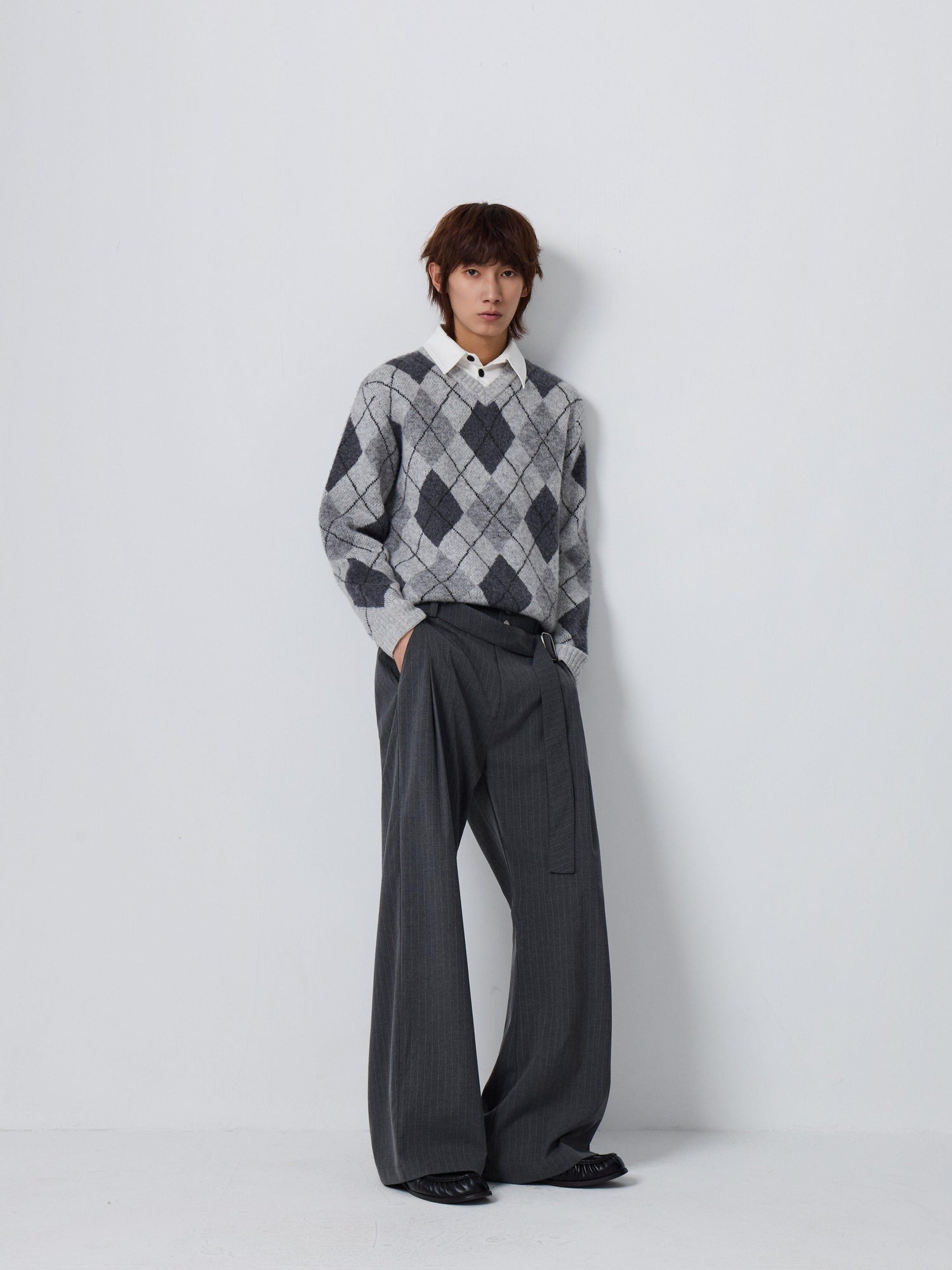 4JUNKS Warm Wool Blend Oversized Layered Polo Collar Men Citywalk Diamond Knit Sweaters