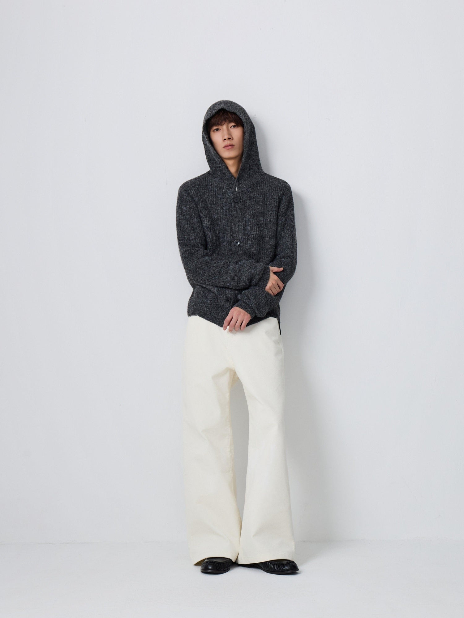 4JUNKS Warm Wool Blend Relaxed Hooded Unisex City Commute Soft Knit Cardigan