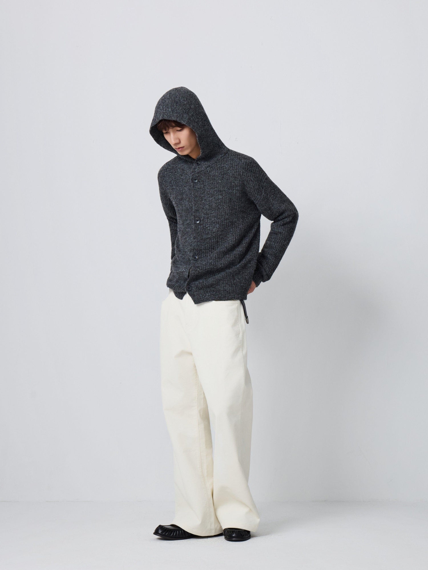4JUNKS Warm Wool Blend Relaxed Hooded Unisex City Commute Soft Knit Cardigan
