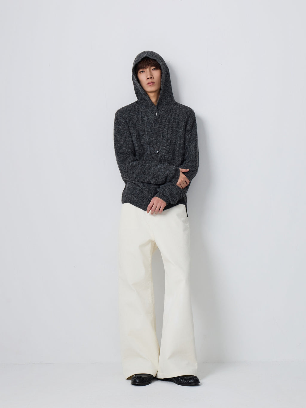 4JUNKS Warm Wool Blend Relaxed Hooded Unisex City Commute Soft Knit Cardigan
