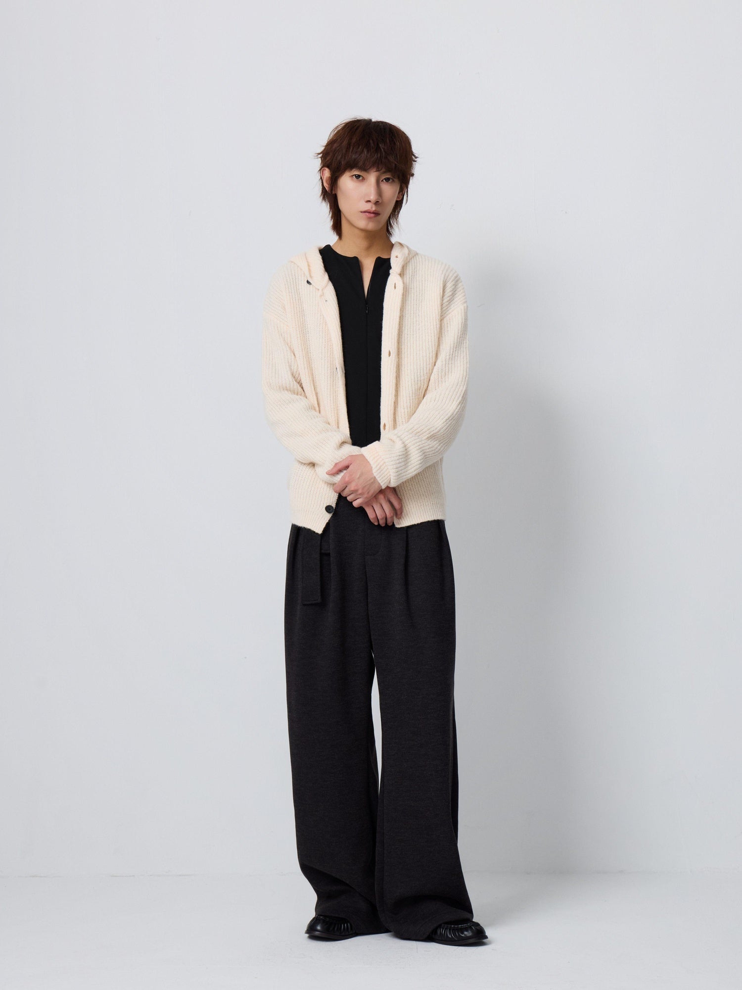 4JUNKS Warm Wool Blend Relaxed Hooded Unisex City Commute Soft Knit Cardigan