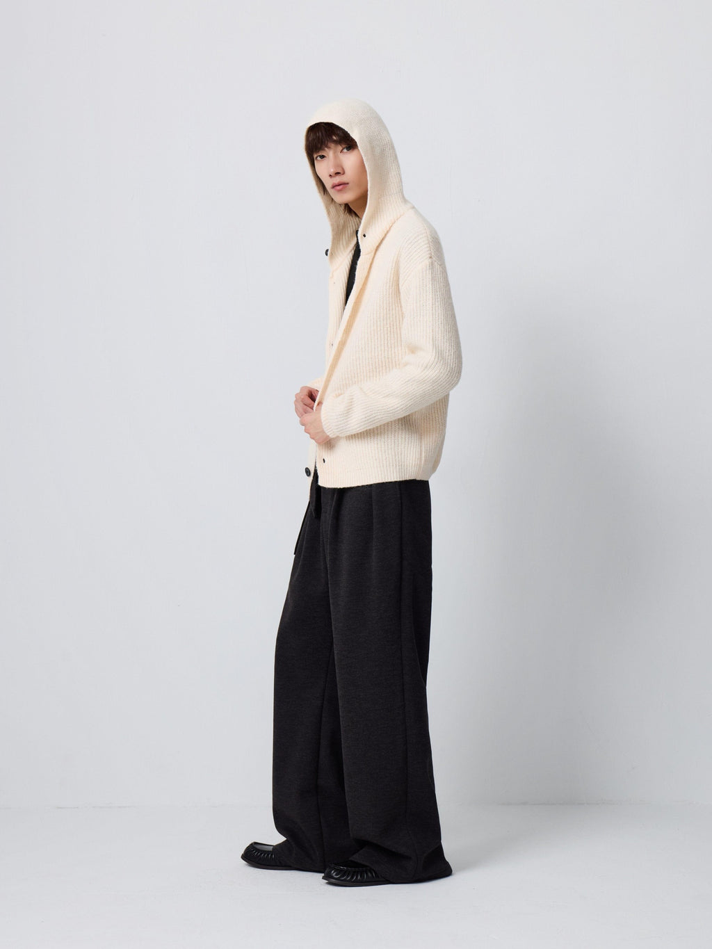 4JUNKS Warm Wool Blend Relaxed Hooded Unisex City Commute Soft Knit Cardigan