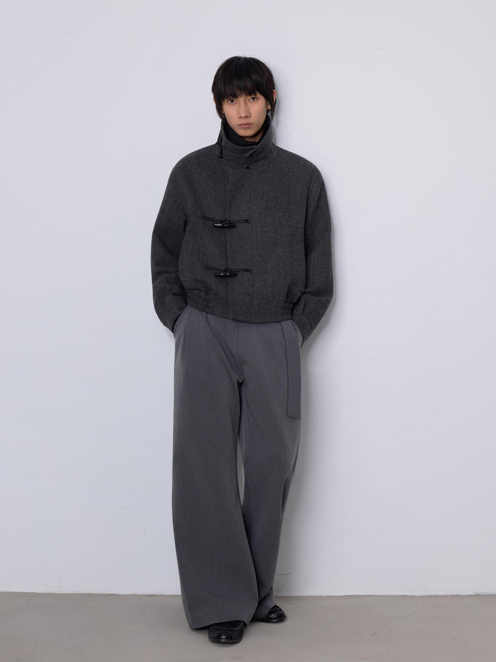 4JUNKS Wool Blend Herringbone Cropped Stand Collar Relaxed Fit Youth Unisex Jackets