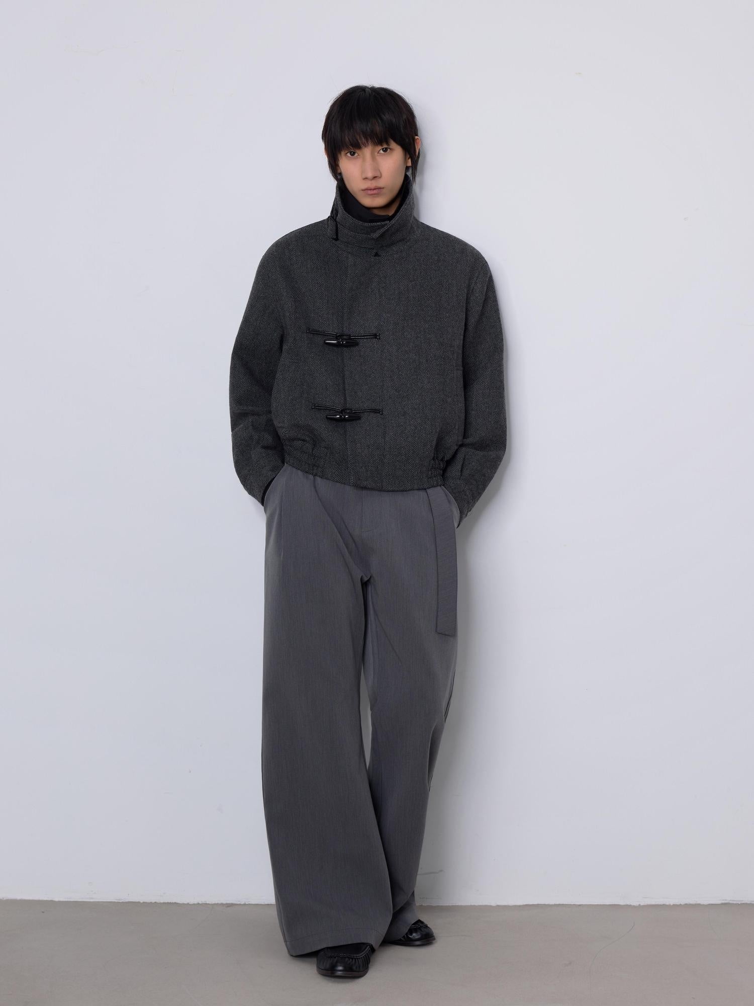4JUNKS Wool Blend Herringbone Cropped Stand Collar Relaxed Fit Youth Unisex Jackets
