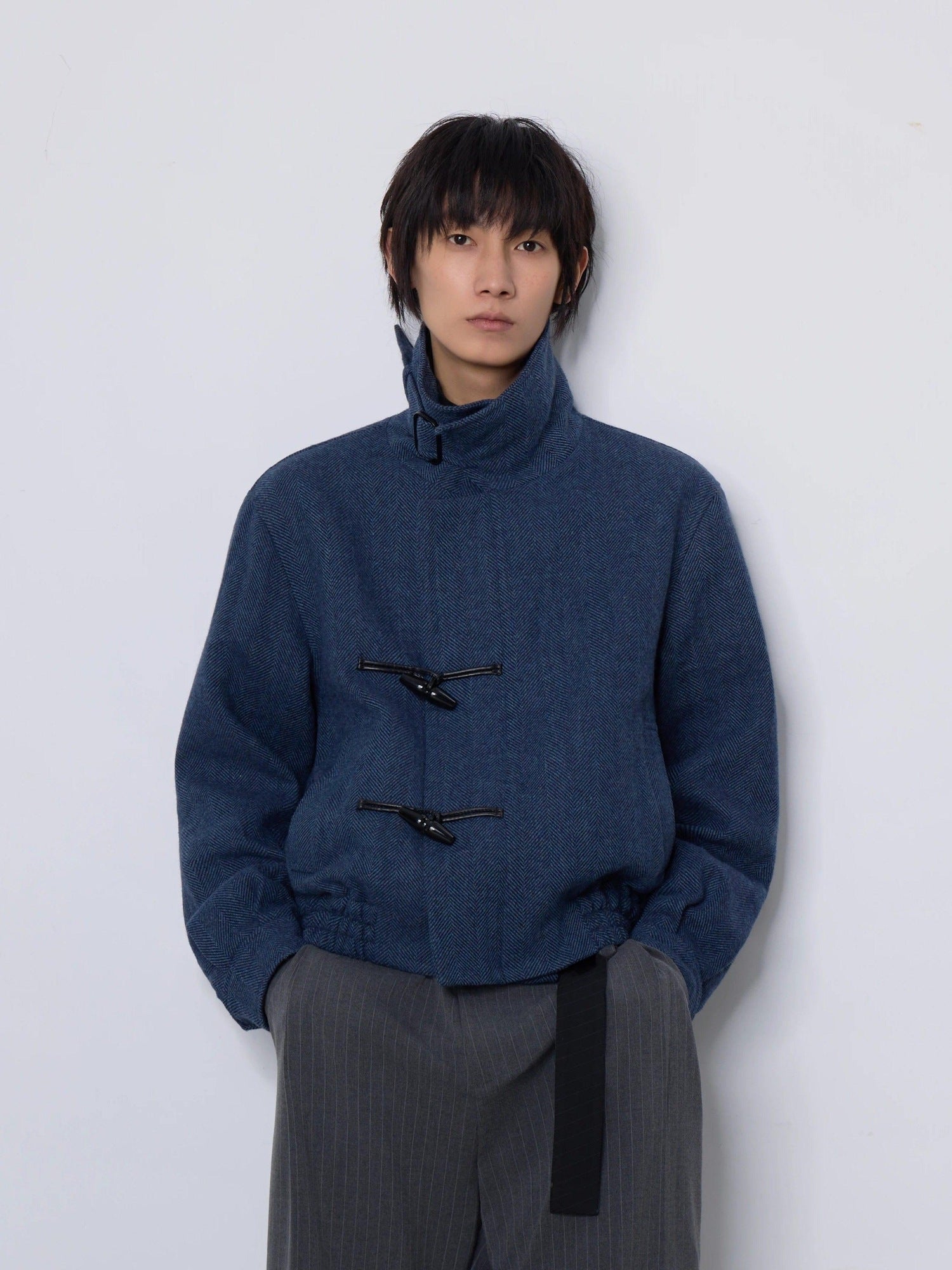 4JUNKS Wool Blend Herringbone Cropped Stand Collar Relaxed Fit Youth Unisex Jackets