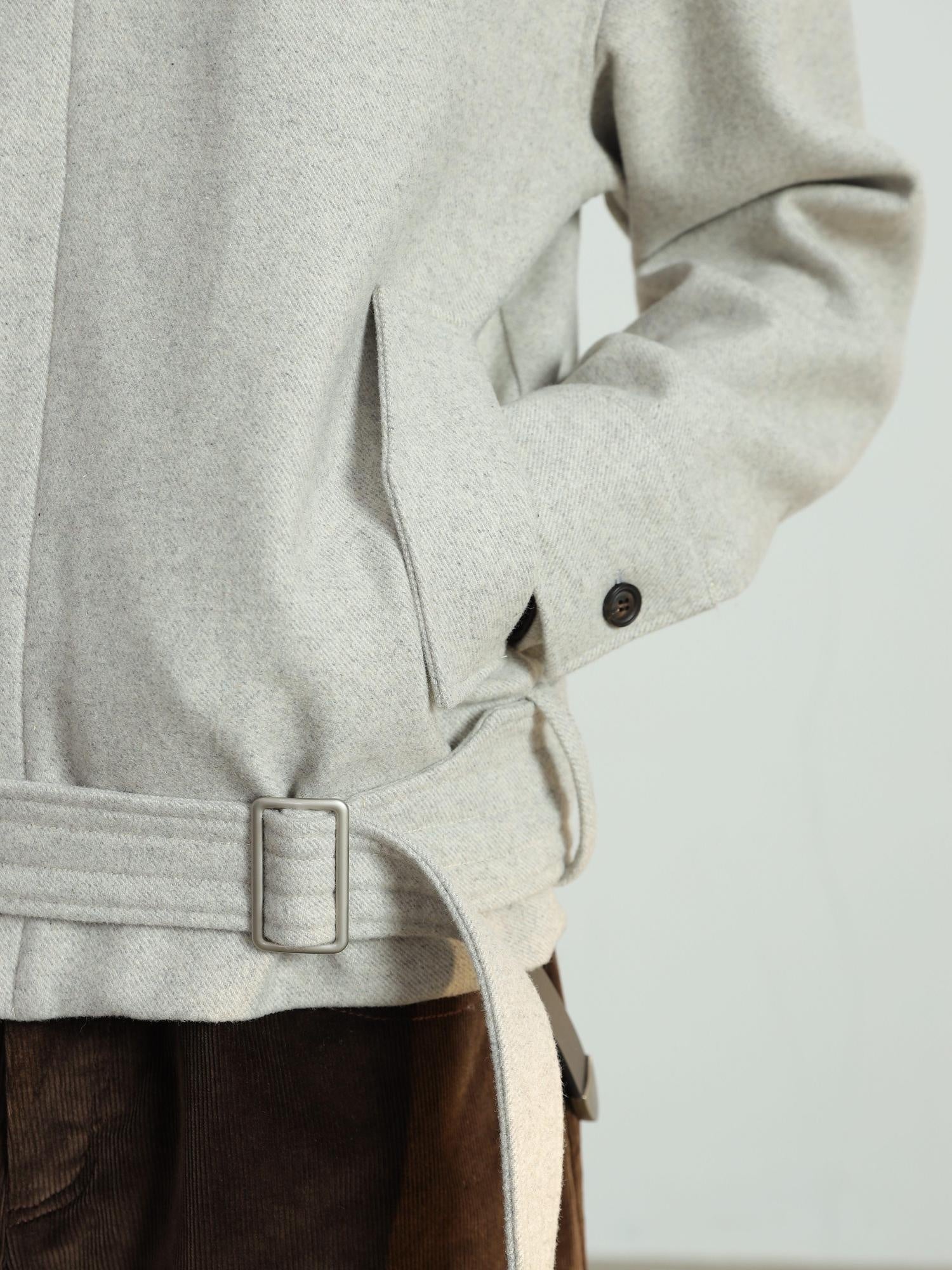 4JUNKS Wool Blend Zip Front Lapel Collar Tie Detail Clean Fit Unisex Cropped Jackets