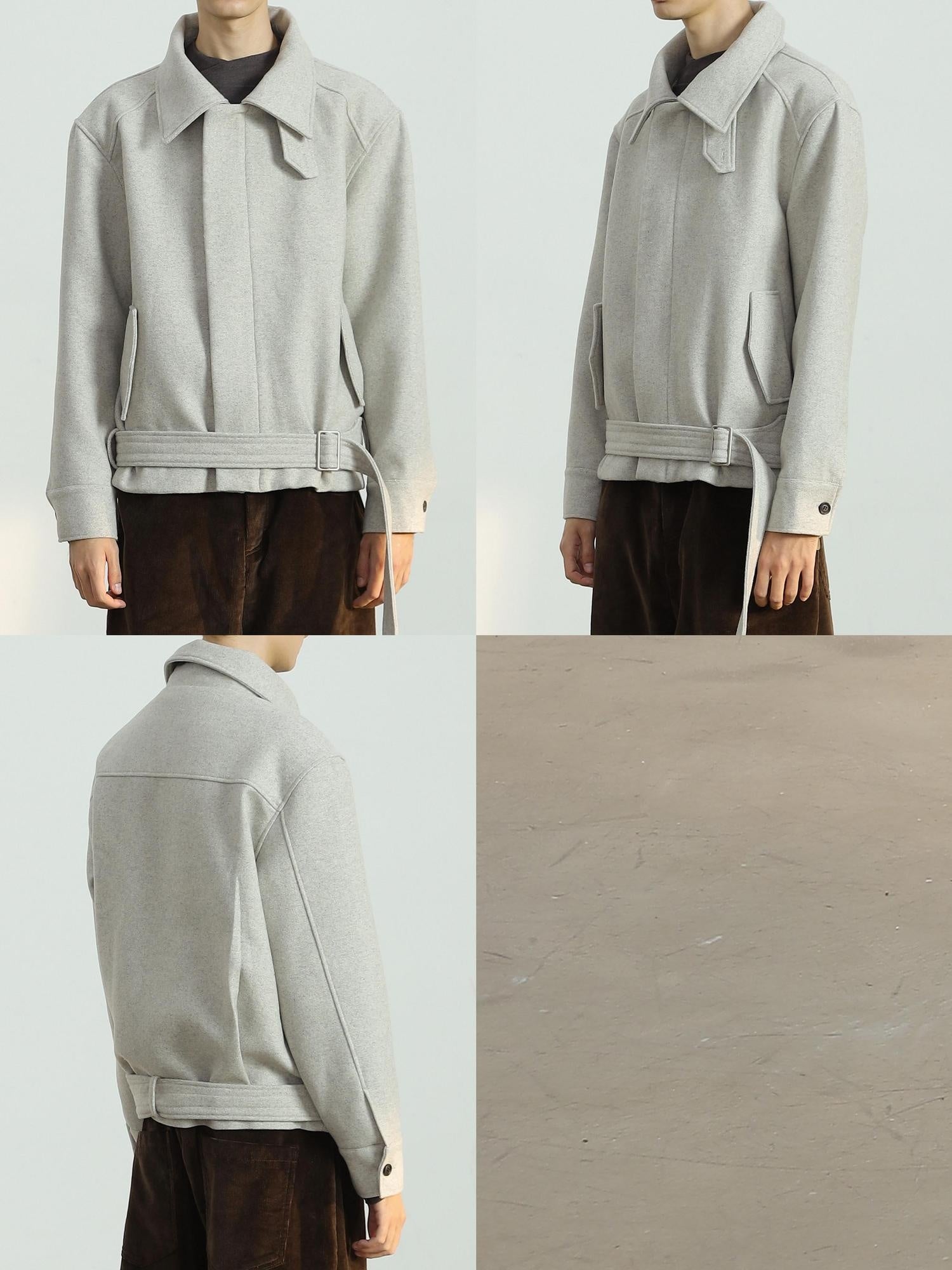 4JUNKS Wool Blend Zip Front Lapel Collar Tie Detail Clean Fit Unisex Cropped Jackets