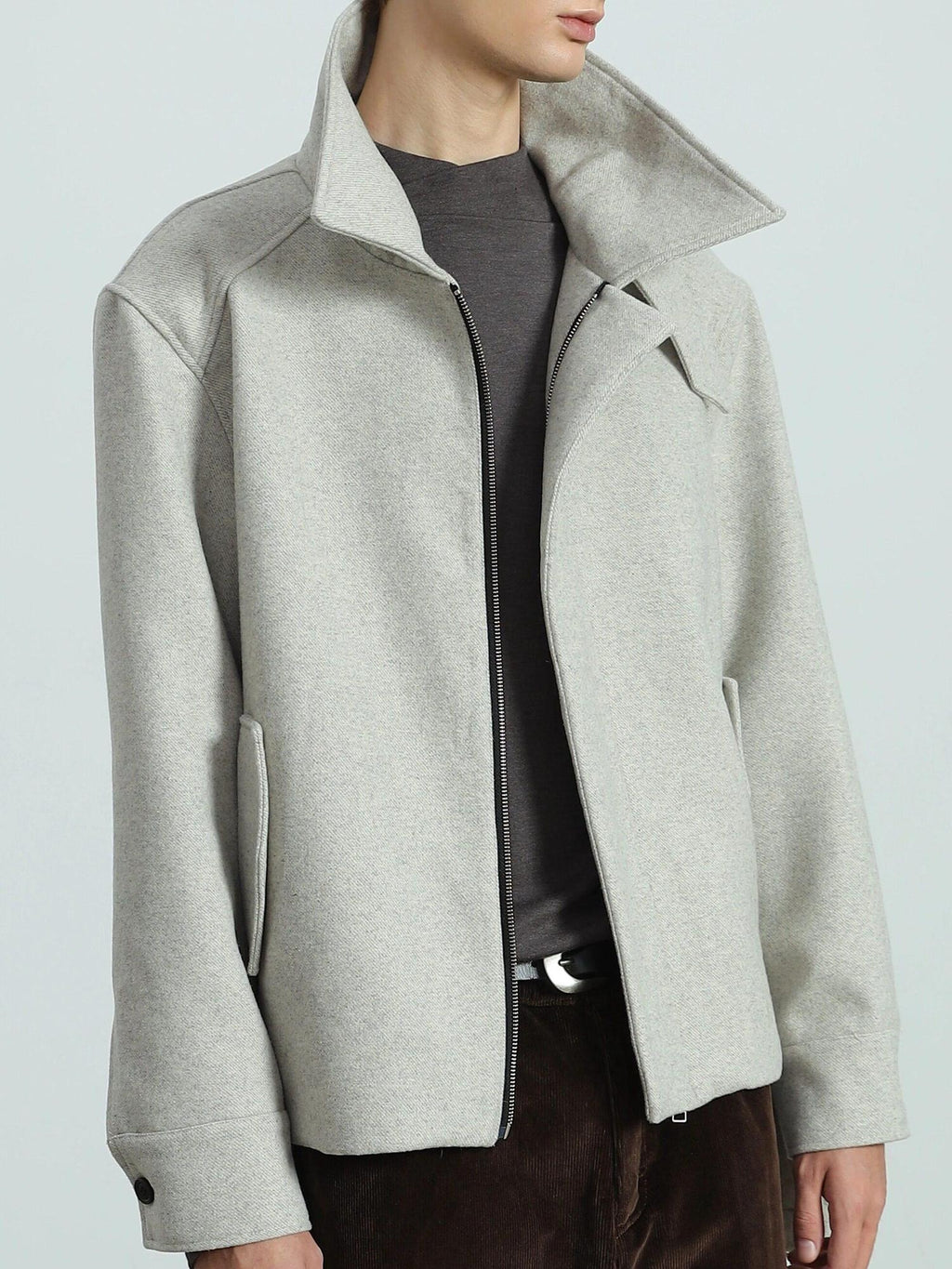 4JUNKS Wool Blend Zip Front Lapel Collar Tie Detail Clean Fit Unisex Cropped Jackets