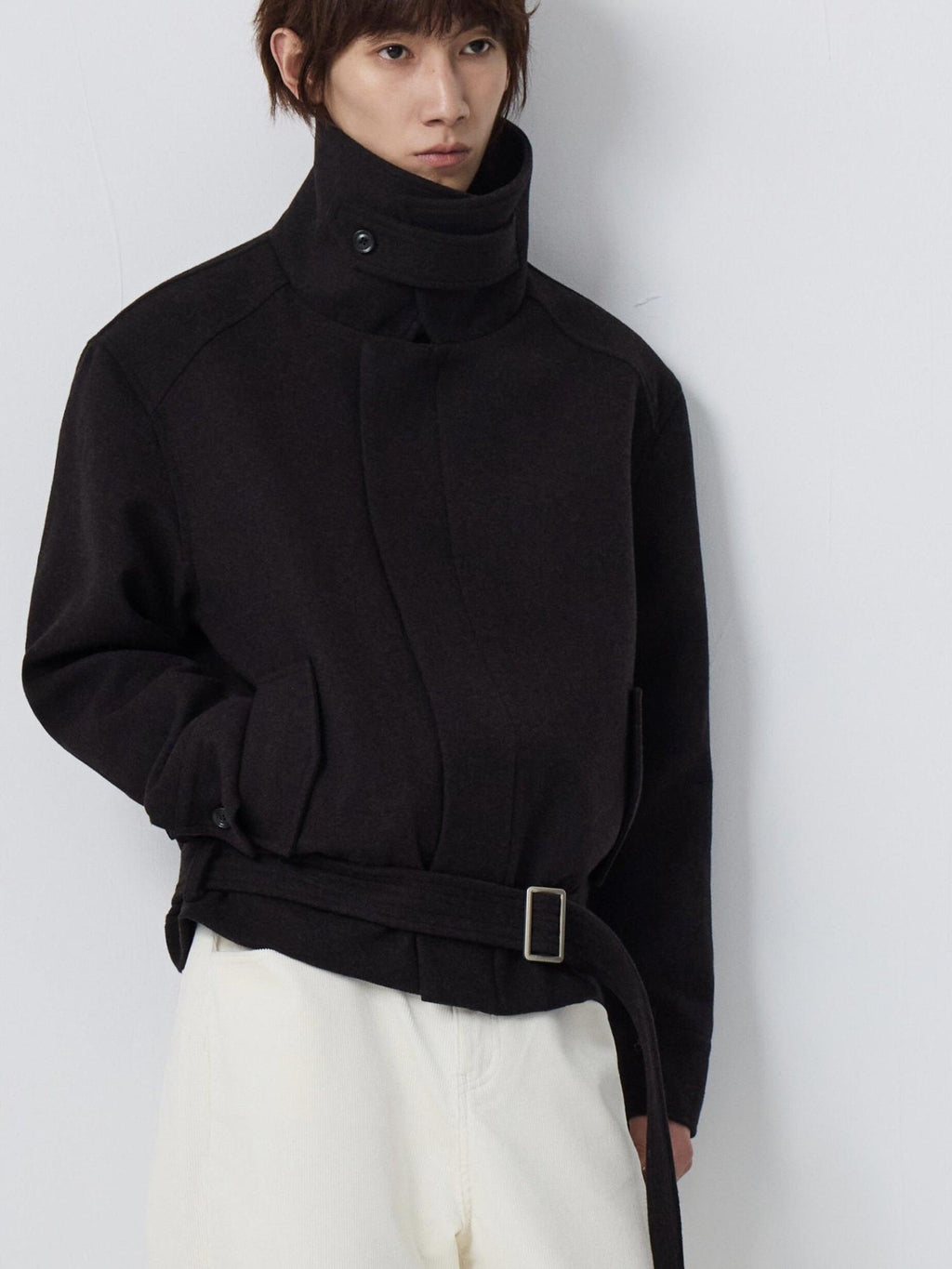 4JUNKS Wool Blend Zip Front Lapel Collar Tie Detail Clean Fit Unisex Cropped Jackets