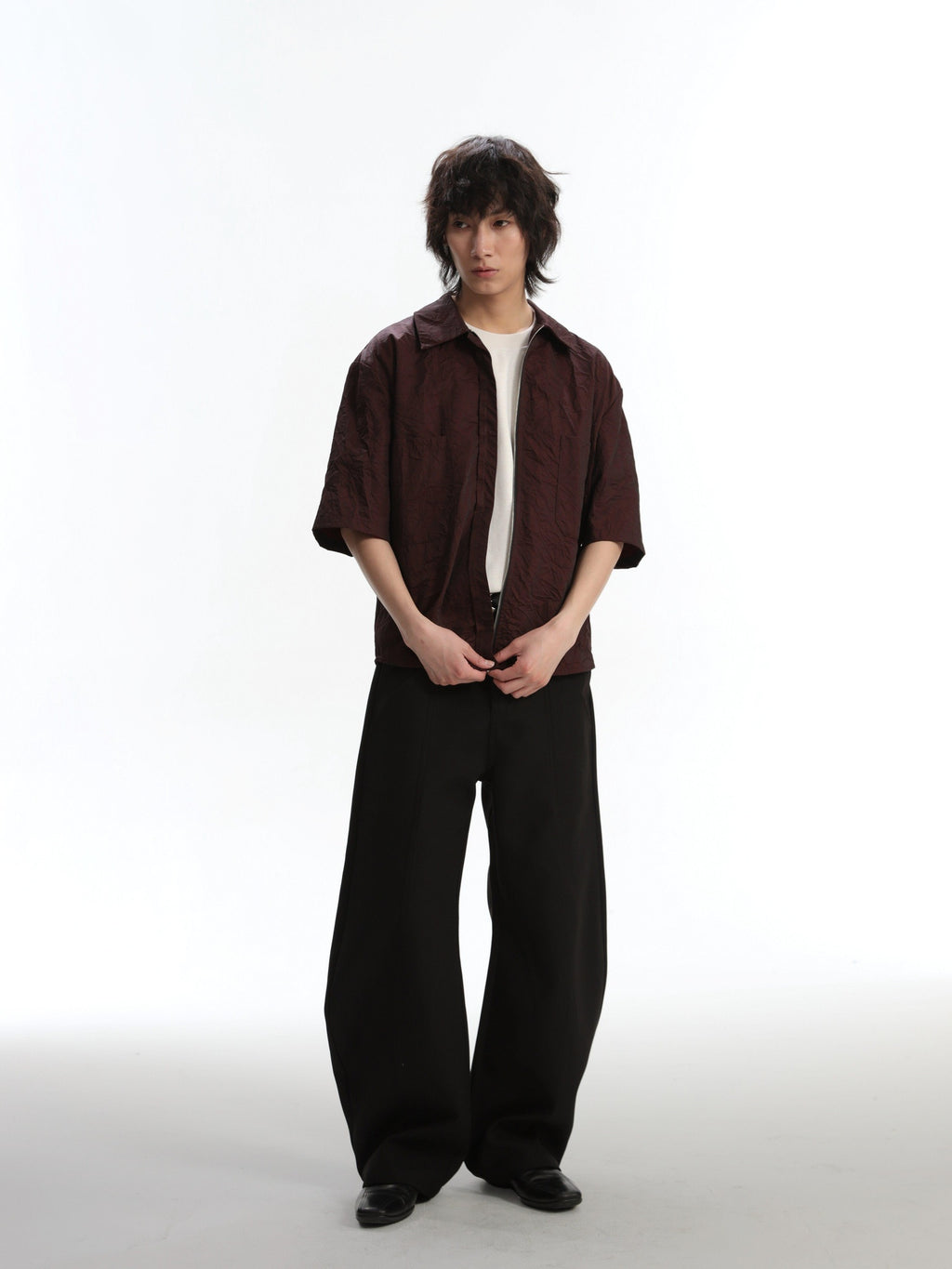 4JUNKS Wrinkle Free Mid Rise Relaxed Fit Casual Polyester Blend Solid Wide Leg Pants