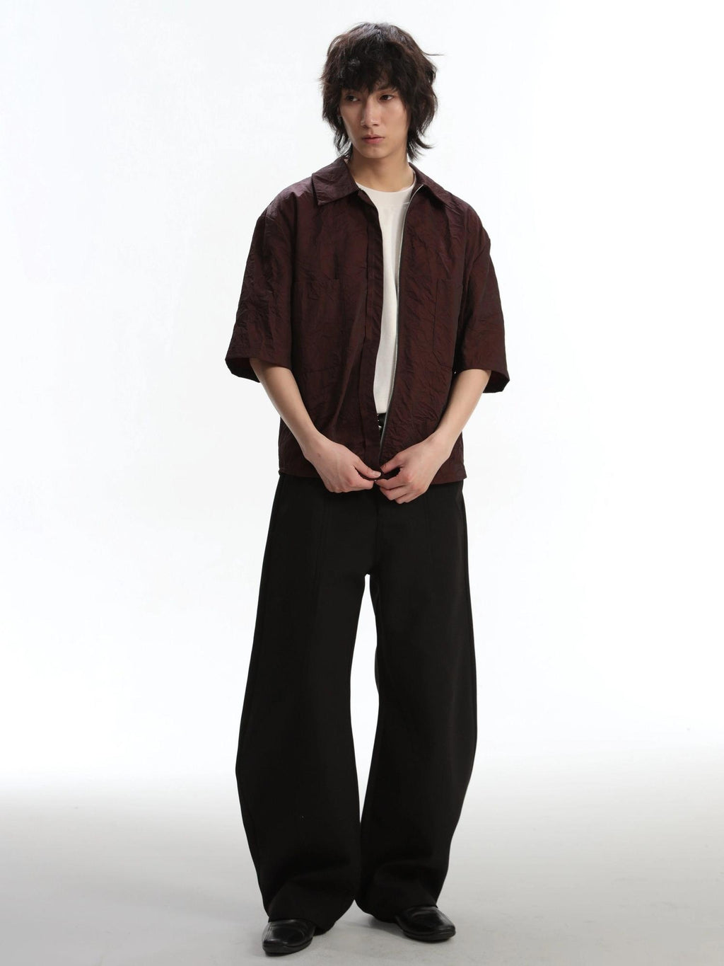 4JUNKS Wrinkle Free Mid Waist Relaxed Youth Solid Color Wide Leg Pants