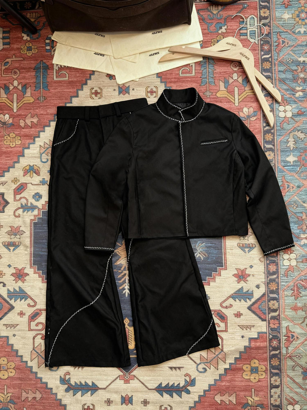 4JUNKS Wrinkle Resistant Embroidered Stand Collar Unisex Regular Fit Top & Pants Sets