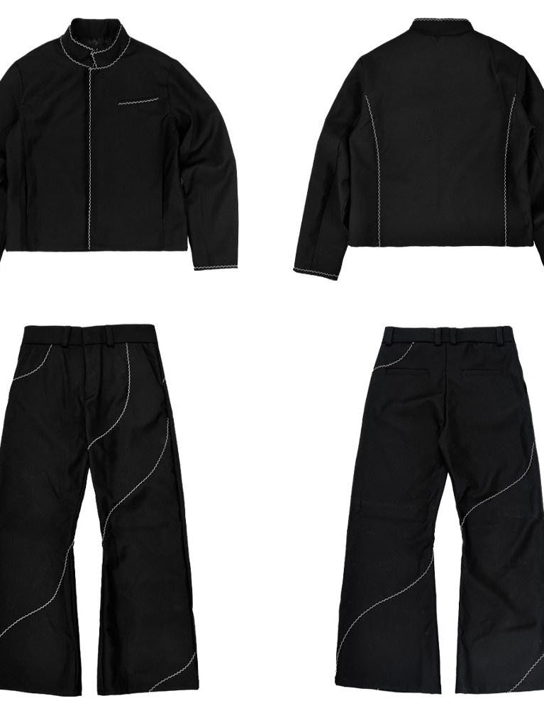 4JUNKS Wrinkle Resistant Embroidered Stand Collar Unisex Regular Fit Top & Pants Sets