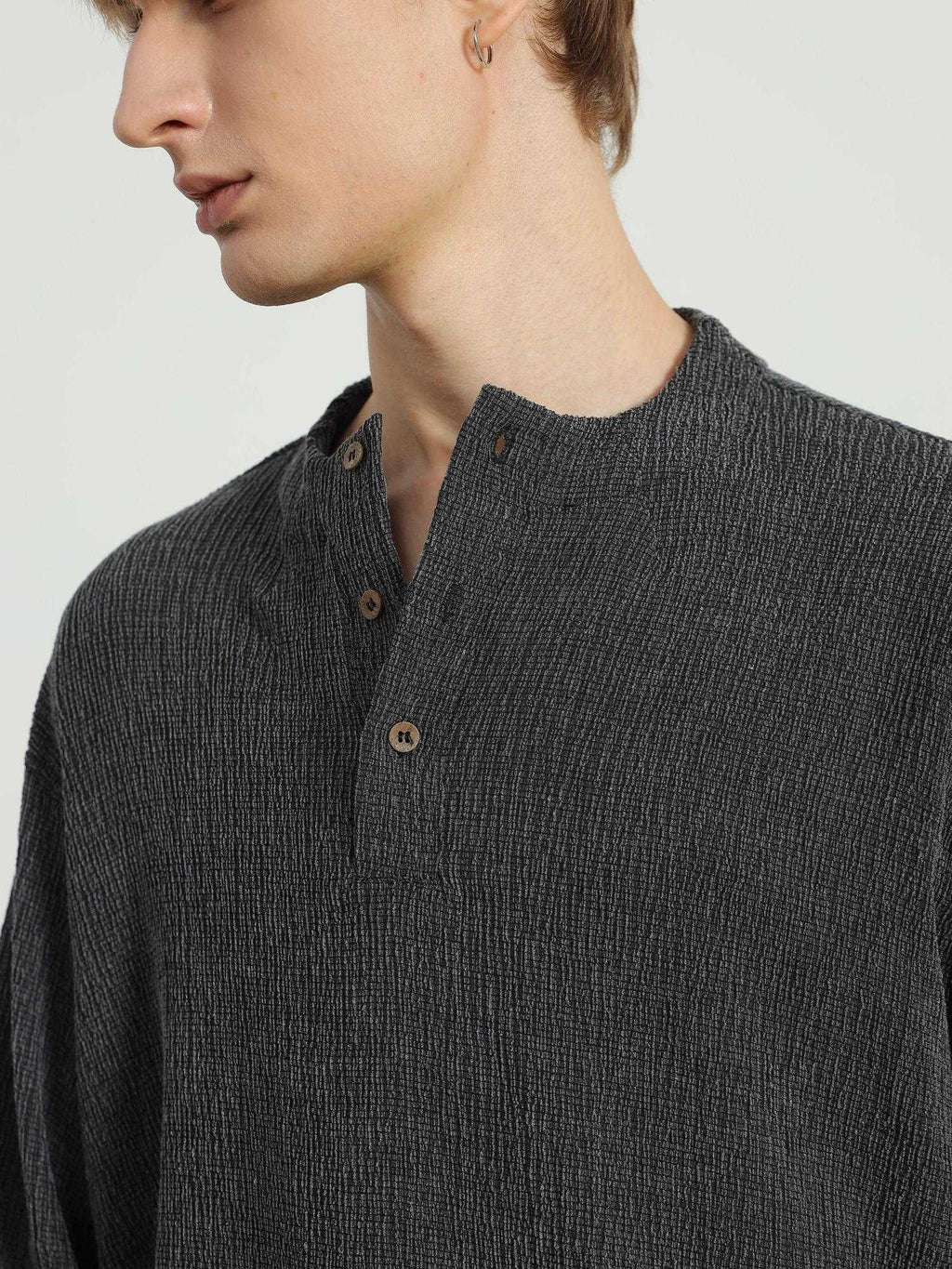 4JUNKS Wrinkle Resistant Slim Ruched Drawstring Unisex Henley Long Sleeve T-Shirts