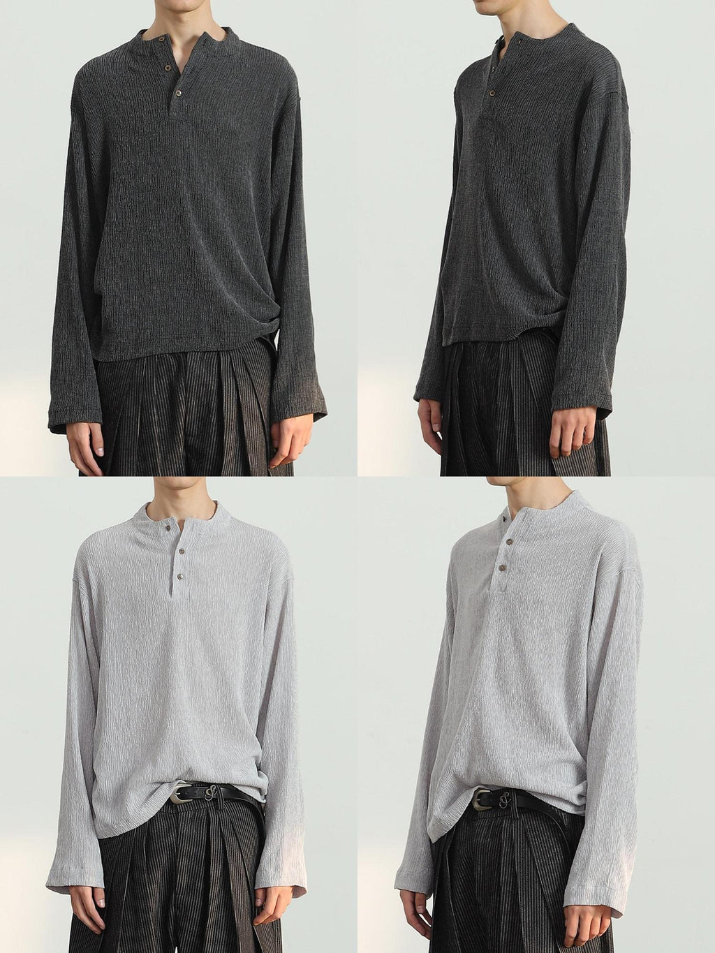 4JUNKS Wrinkle Resistant Slim Ruched Drawstring Unisex Henley Long Sleeve T-Shirts