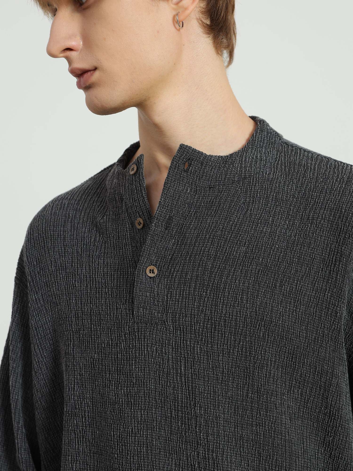 4JUNKS Wrinkle Resistant Slim Ruched Drawstring Unisex Henley Long Sleeve T-Shirts
