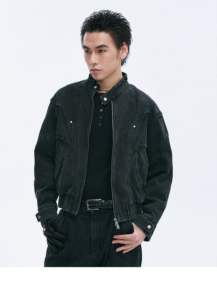 CATSSTAC Comfortable Relaxed Fit Youthful Stand Collar Long Sleeve Black Denim Jackets