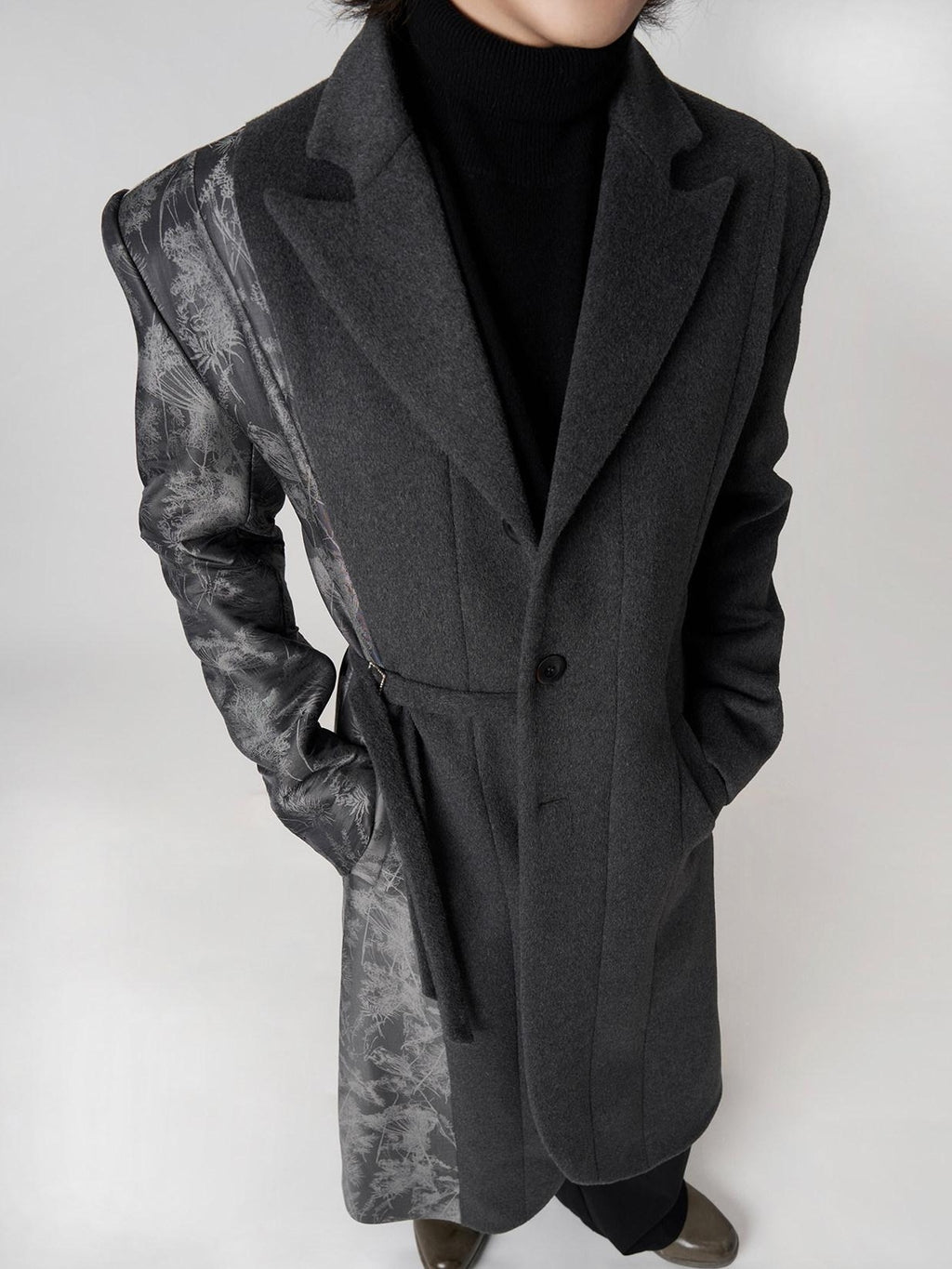 BALITONE Wrinkle Free Slim Fit Irregular Hem Blazer Collar Trendy Deep Gray Wool Coats