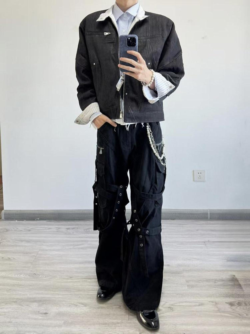 CATSSTAC Tie Detail Button Fly Loose Youth Casual Black Straight Pants