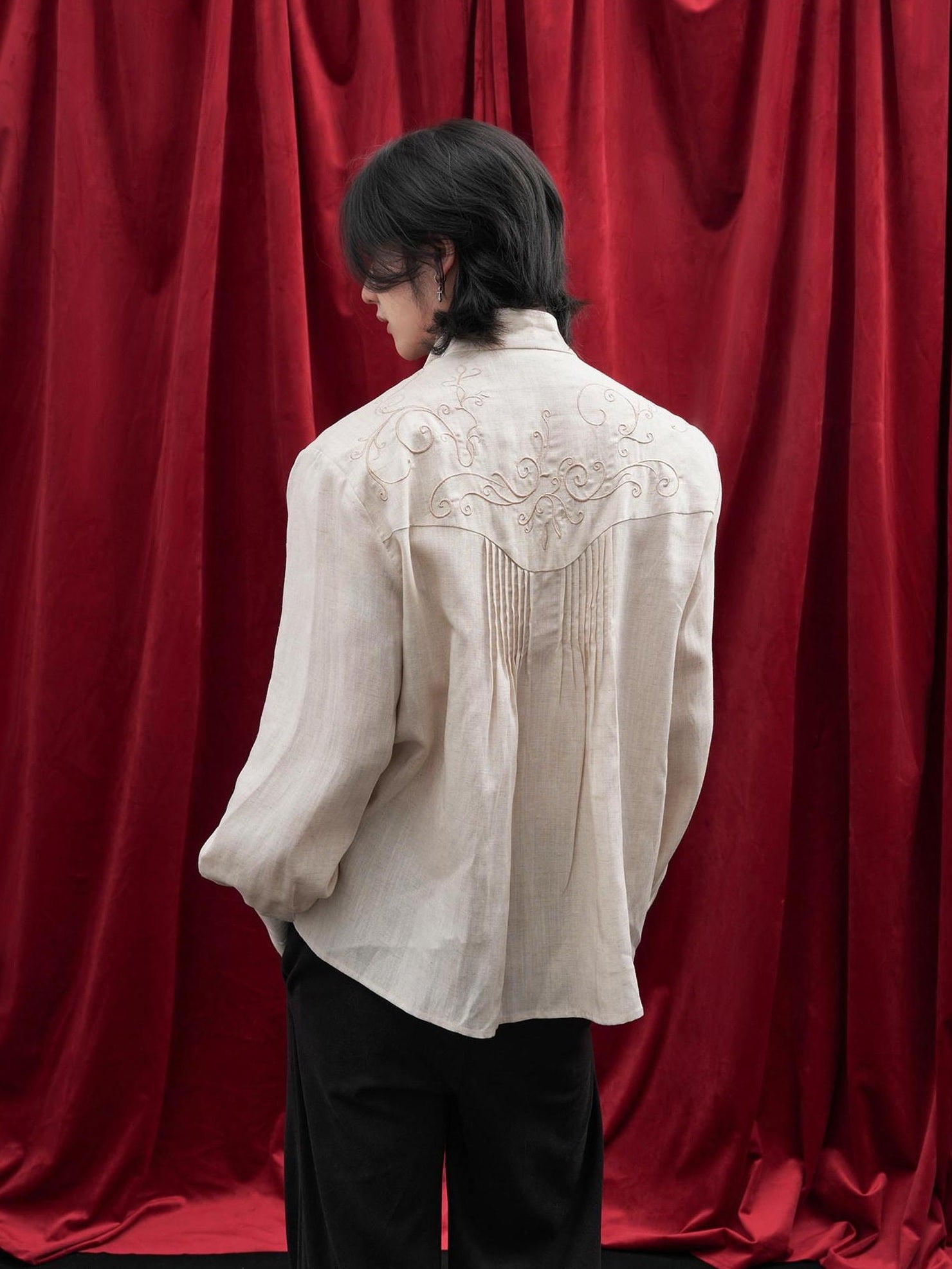 BALITONE Lyocell Linen Embroidered Pleated Regal Stand Collar Unisex Band-Collar Shirts