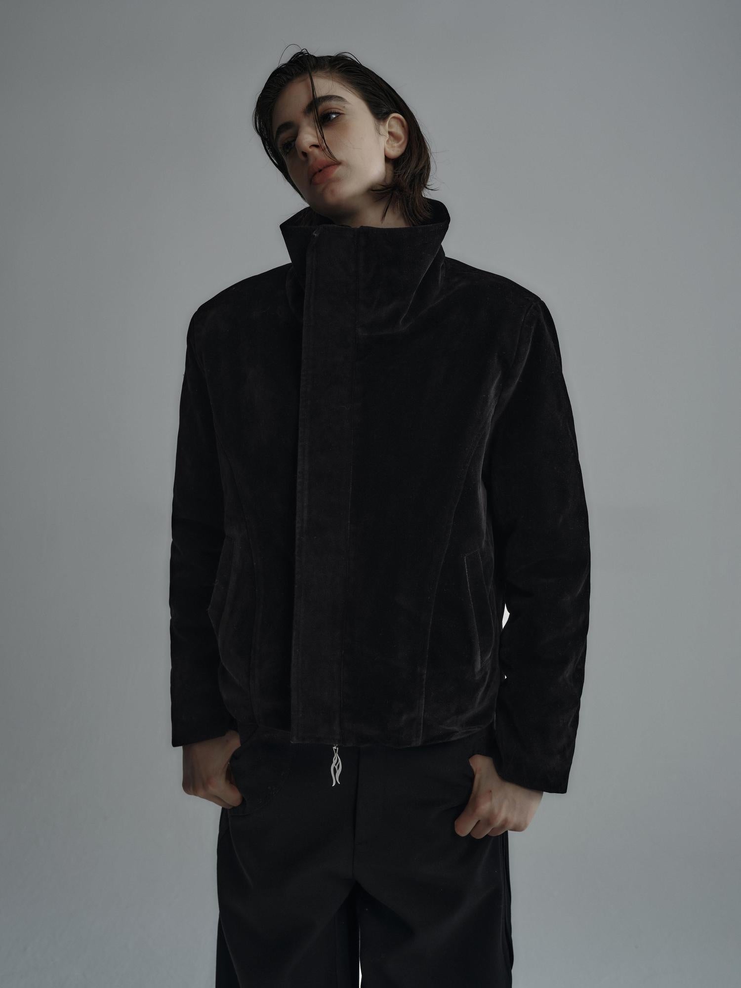 Hypeyourself Embroidered Suede High Collar Thick Unisex Minimal Black Leather Jackets