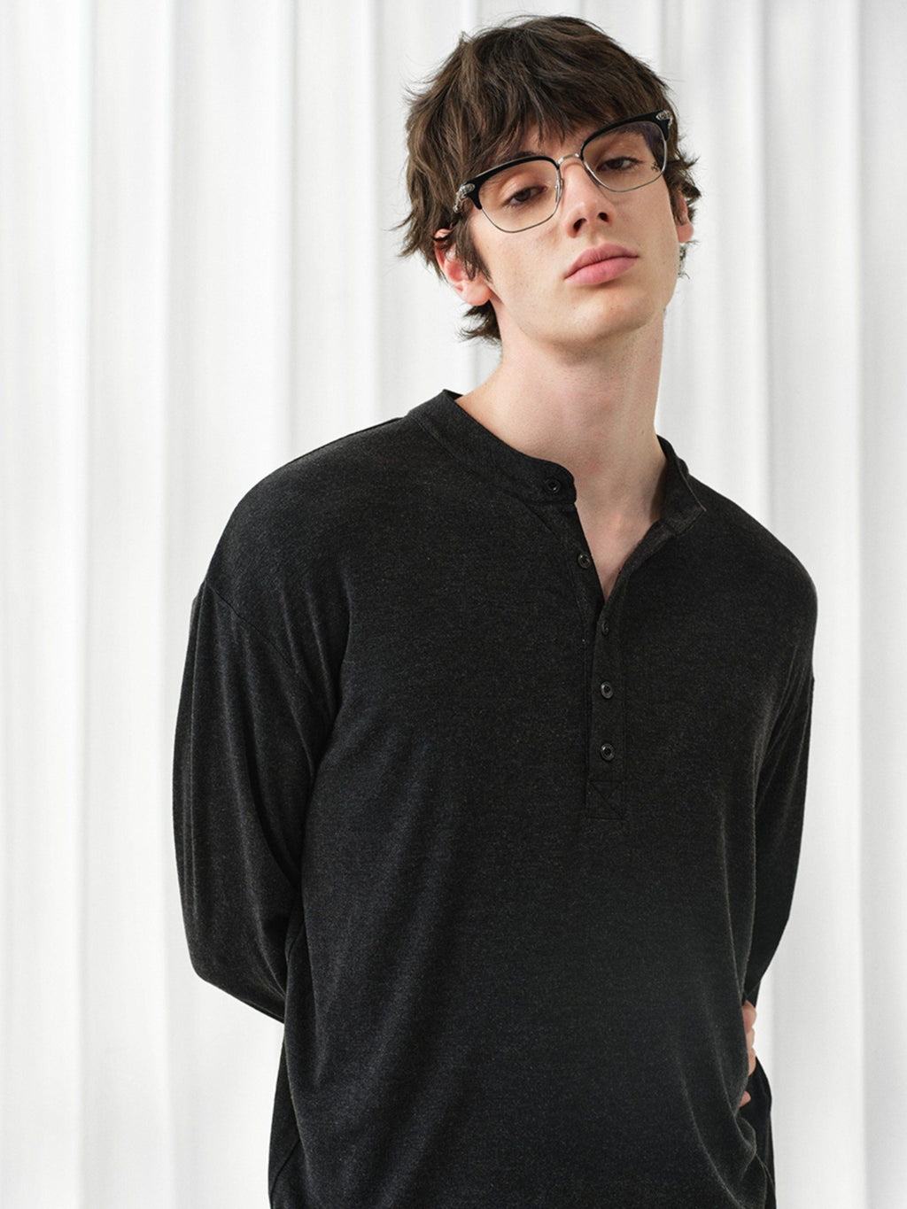 VLABMADE Wrinkle Free Lyocell Wool Relaxed Henley Unisex Citywalk Long Sleeve T-Shirts