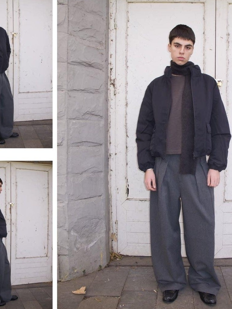 VLABMADE Non Fade Pleated Loose Mid Waist Retro Minimal Solid Dark Wide-Leg Trousers