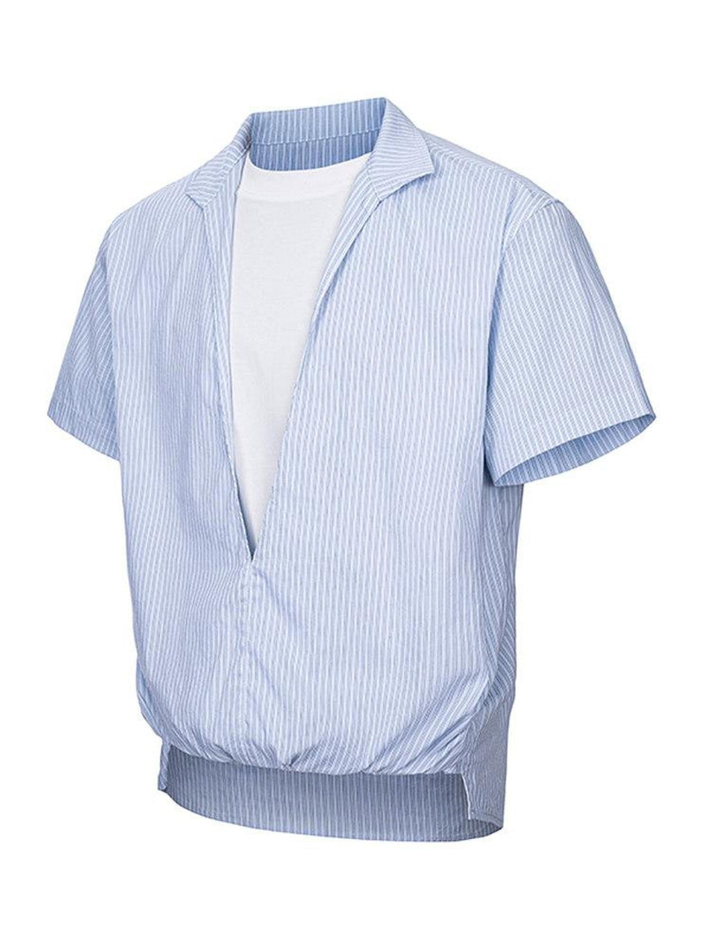 CATSSTAC Loose Fit Faux Two Piece V-neck Striped Short Sleeve Unisex Casual Shirts