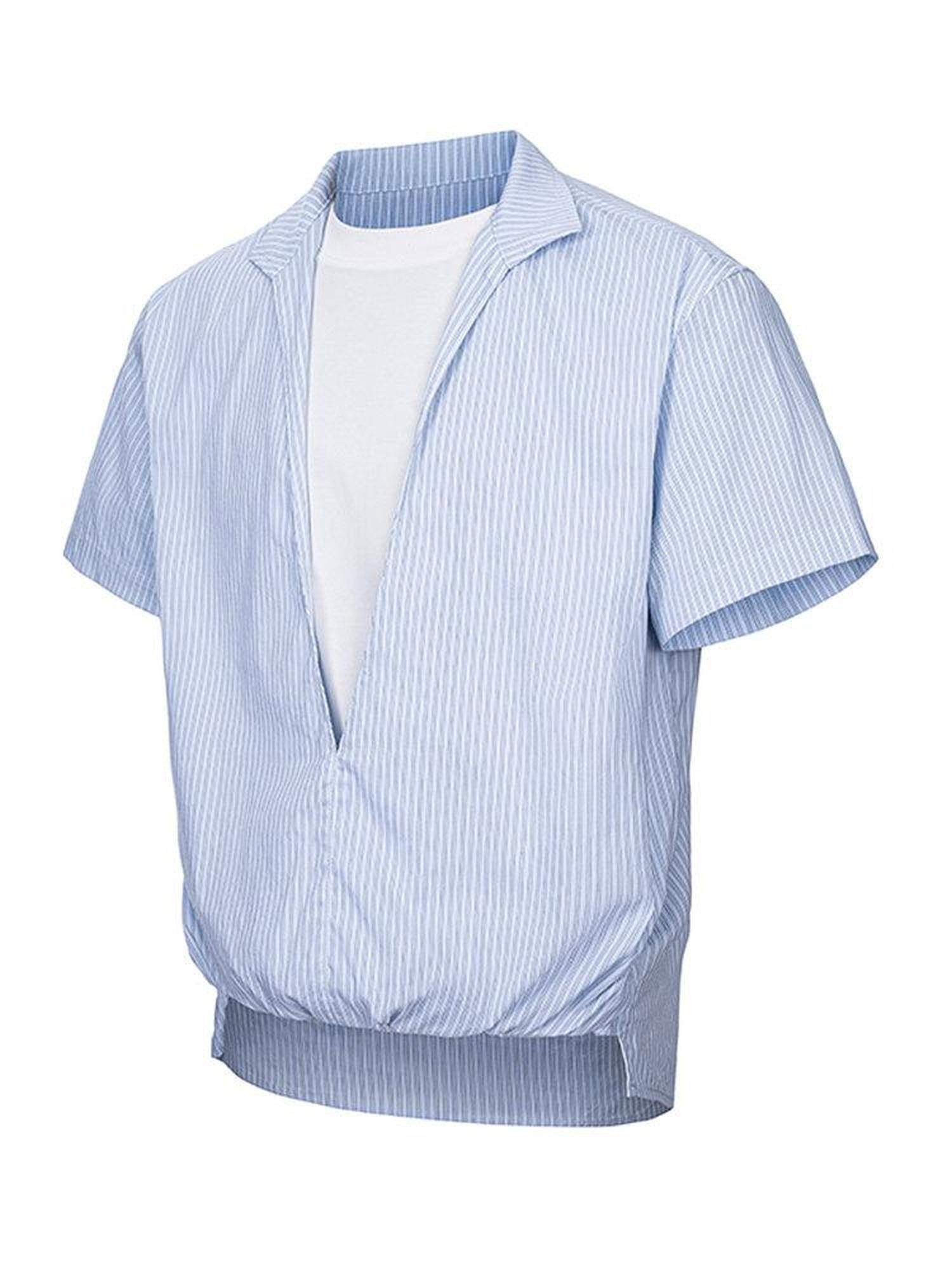 CATSSTAC Loose Fit Faux Two Piece V-neck Striped Short Sleeve Unisex Casual Shirts