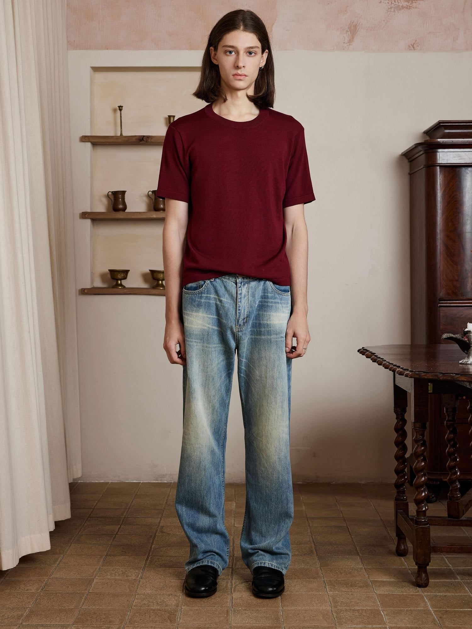 4JUNKS Washed 100% Cotton Mid Rise Loose Wide Straight Casual Denim Straight Leg Jeans