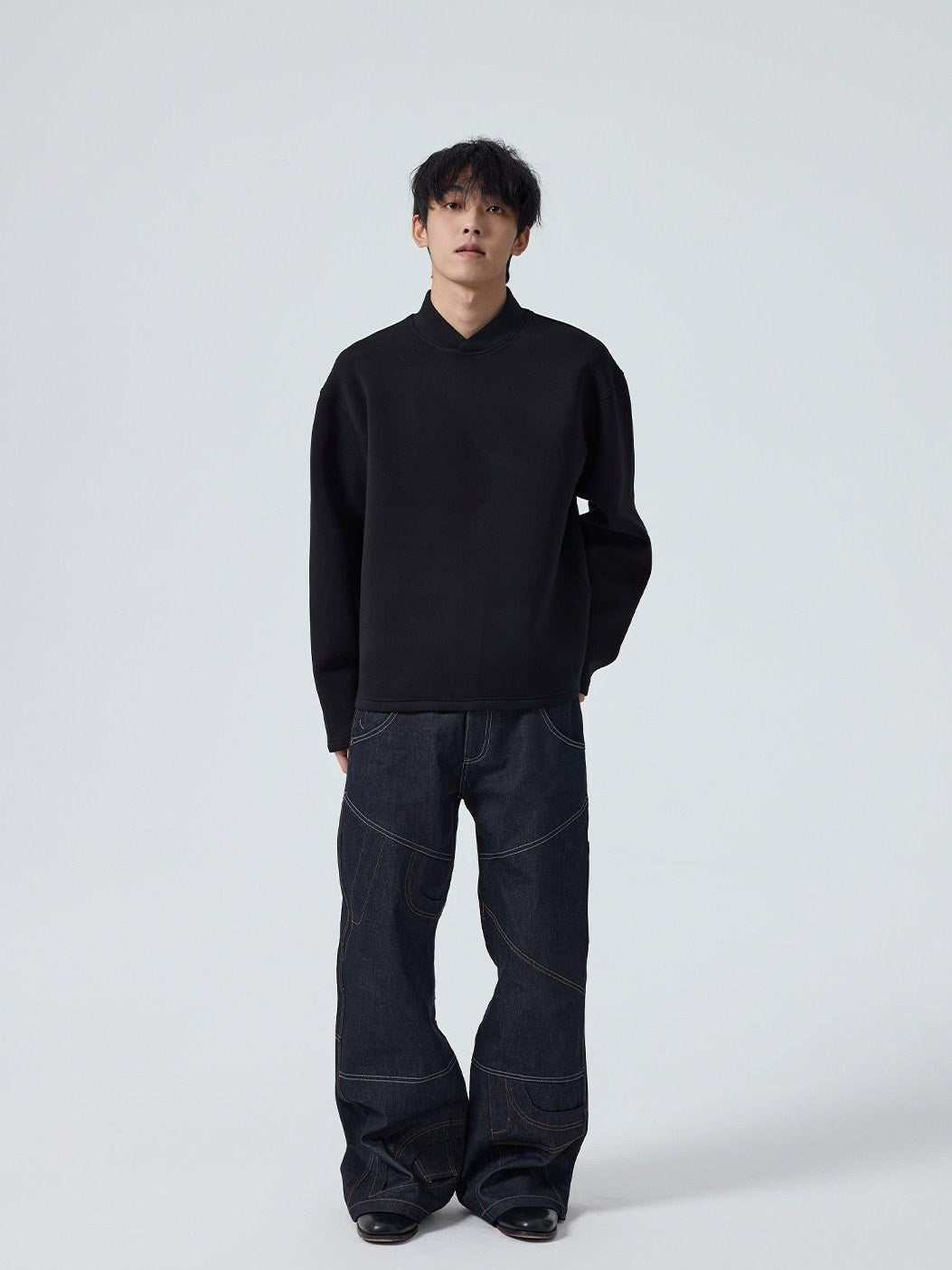 4JUNKS Non Deforming High Neck Loose Fit Business Unisex Solid Long Sleeve T-Shirts
