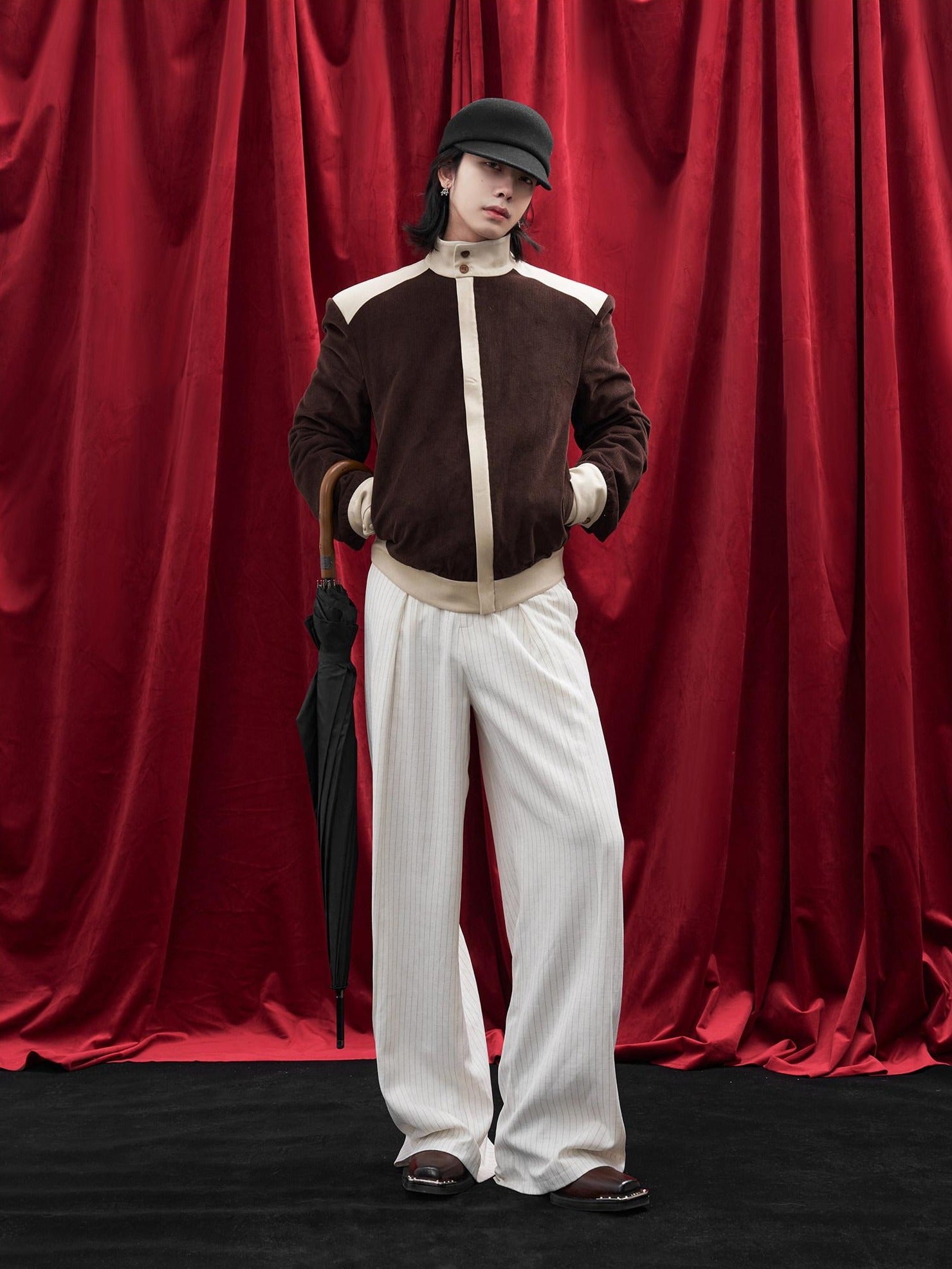 BALITONE White Striped Pleated Viscose Linen Micro Stretch Straight-Leg Casual Trousers